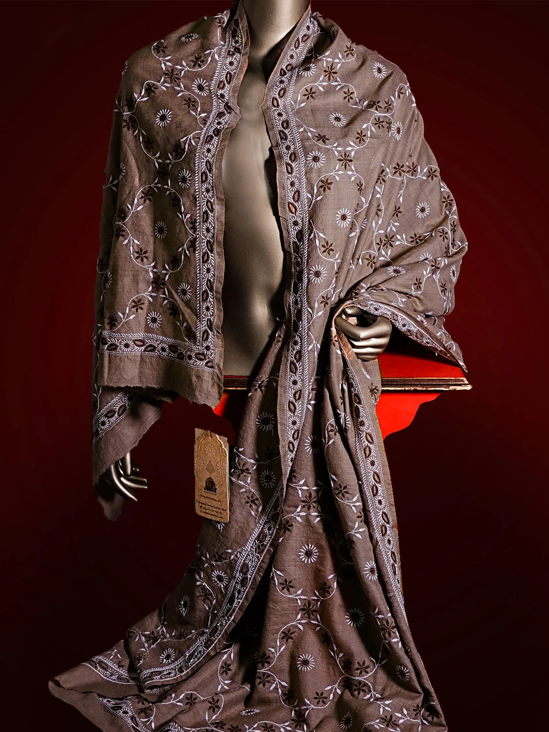 Ada Hand Embroidered Brown Pashmina  Lucknowi Chikankari Shawl 01A536073