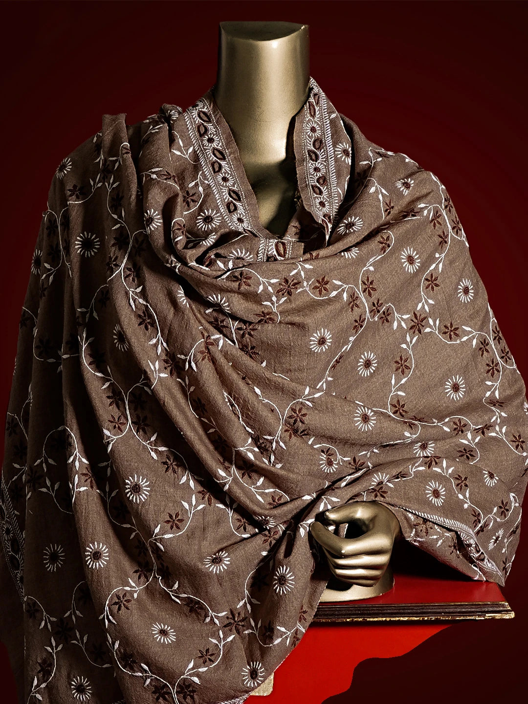Ada Hand Embroidered Brown Pashmina  Lucknowi Chikankari Shawl 01A536073