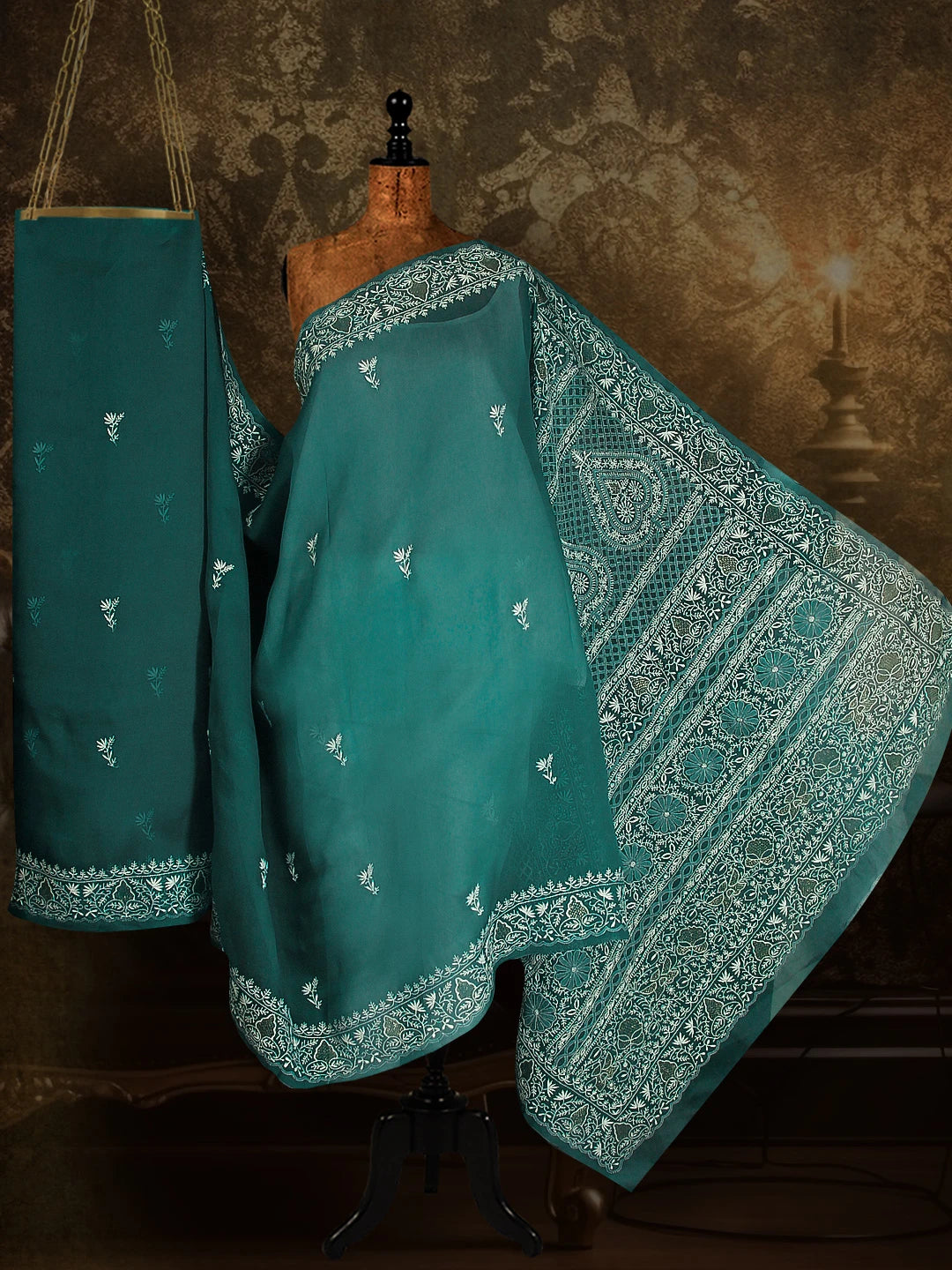 Ada Hand Embroidered Teal Green Organza Lucknowi Chikankari Saree With Blouse 01A533890