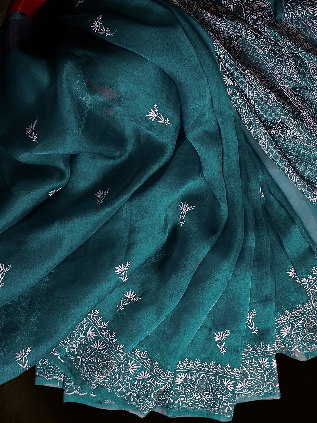 Ada Hand Embroidered Teal Green Organza Lucknowi Chikankari Saree With Blouse 01A533890