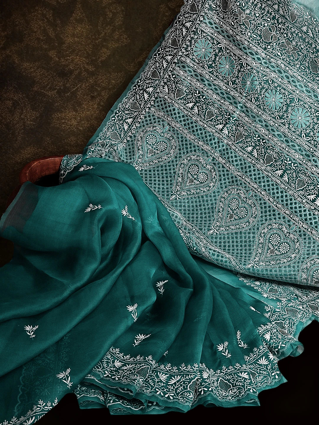 Ada Hand Embroidered Teal Green Organza Lucknowi Chikankari Saree With Blouse 01A533890