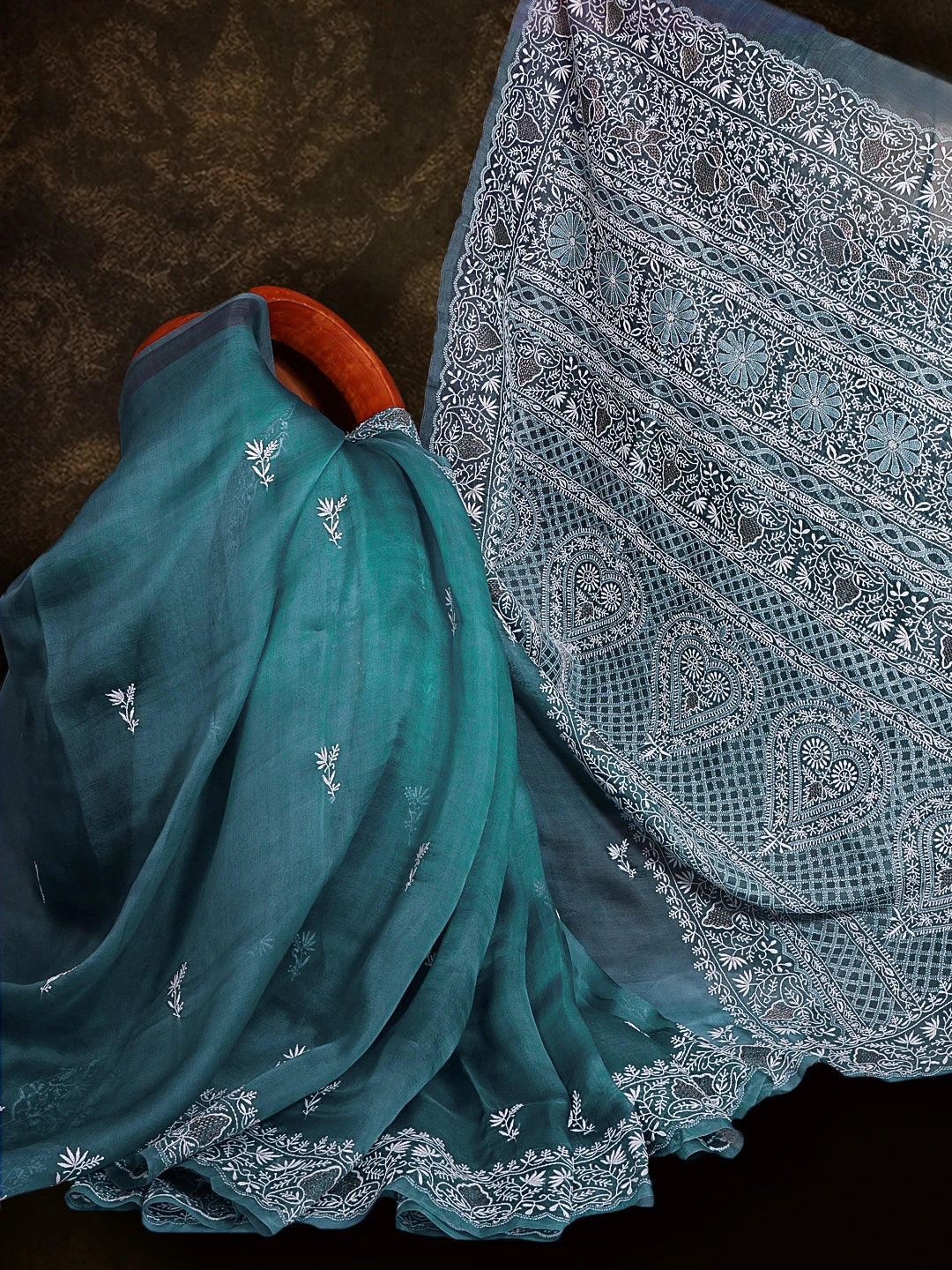 Ada Hand Embroidered Teal Green Organza Lucknowi Chikankari Saree With Blouse 01A533890