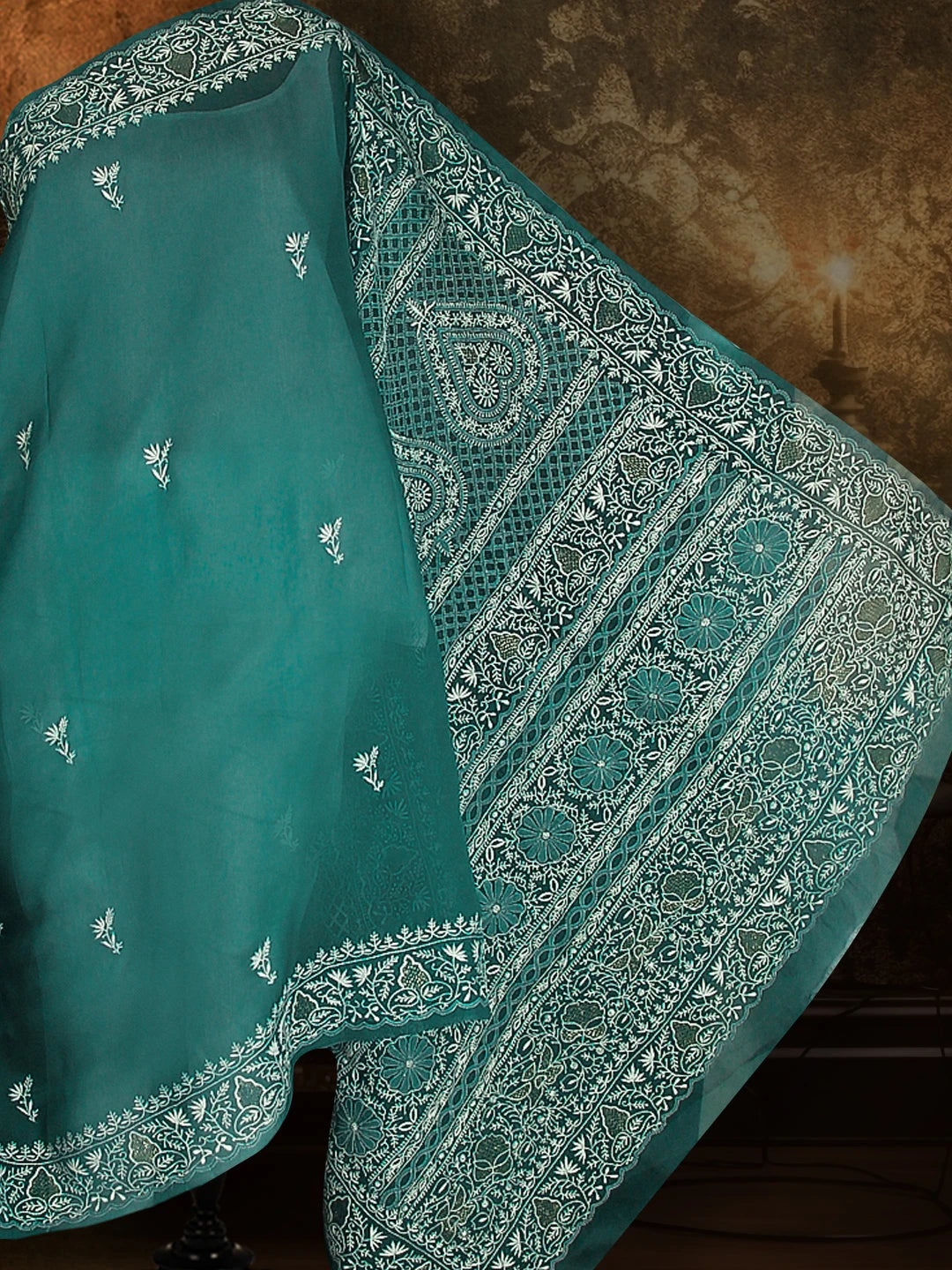 Ada Hand Embroidered Teal Green Organza Lucknowi Chikankari Saree With Blouse 01A533890