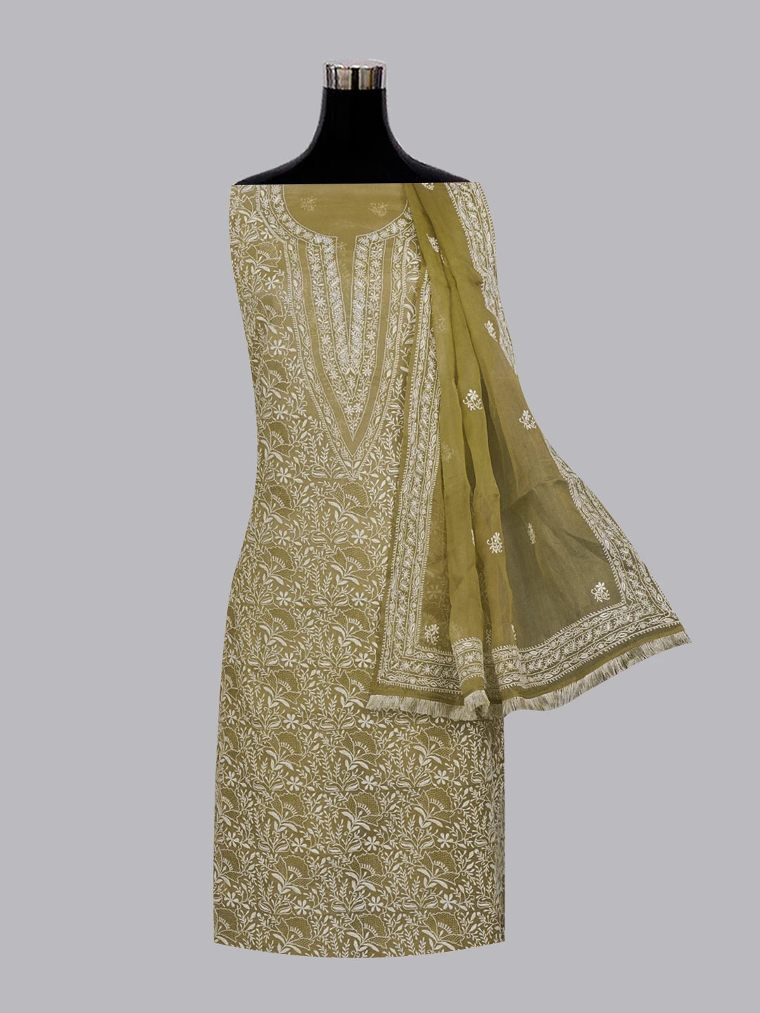 Ada Hand Embroidered Mehendi Green Organza Lucknowi Chikankari Unstitched Kurta Dupatta Set With Kasab hand Zari Work  01A517552