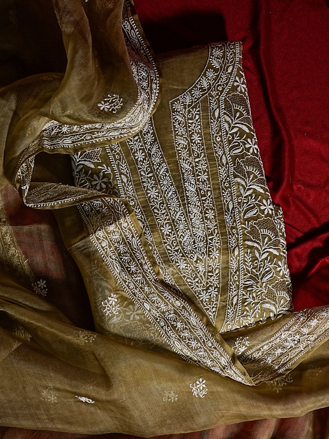 Ada Hand Embroidered Mehendi Green Organza Lucknowi Chikankari Unstitched Kurta Dupatta Set With Kasab hand Zari Work  01A517552