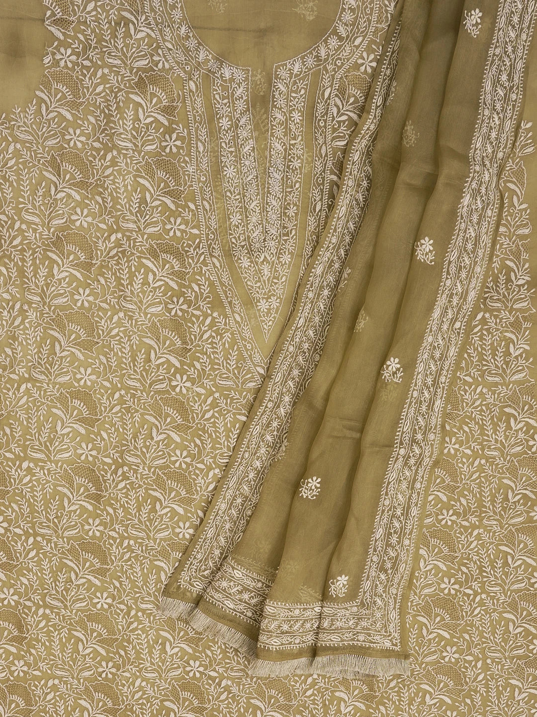 Ada Hand Embroidered Mehendi Green Organza Lucknowi Chikankari Unstitched Kurta Dupatta Set With Kasab hand Zari Work  01A517552