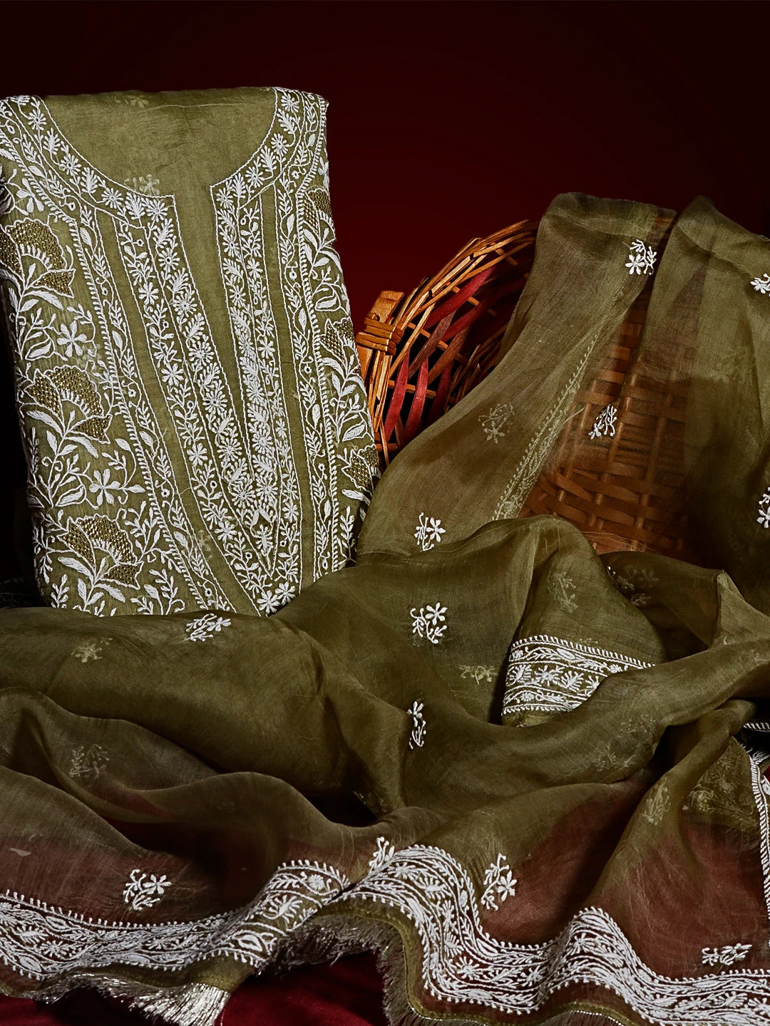 Ada Hand Embroidered Mehendi Green Organza Lucknowi Chikankari Unstitched Kurta Dupatta Set With Kasab hand Zari Work  01A517552