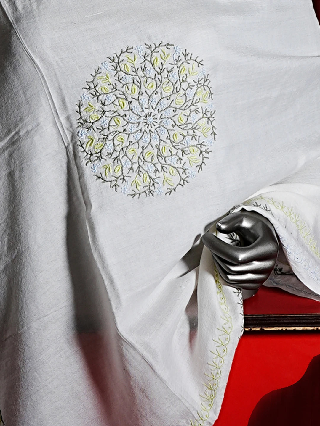 Ada Hand Embroidered White Pashmina  Lucknowi Chikankari Shawl 01A536066
