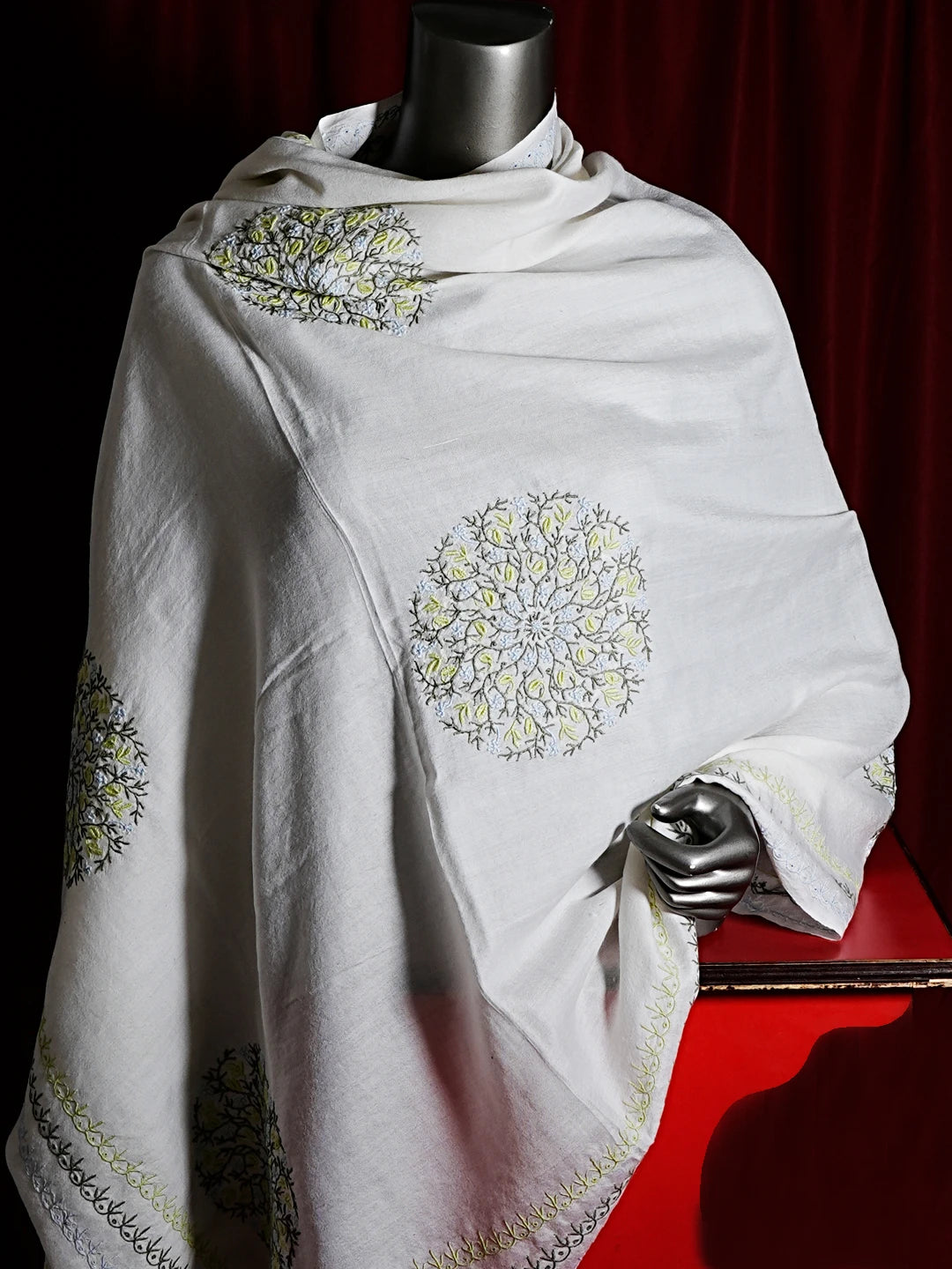 Ada Hand Embroidered White Pashmina  Lucknowi Chikankari Shawl 01A536066