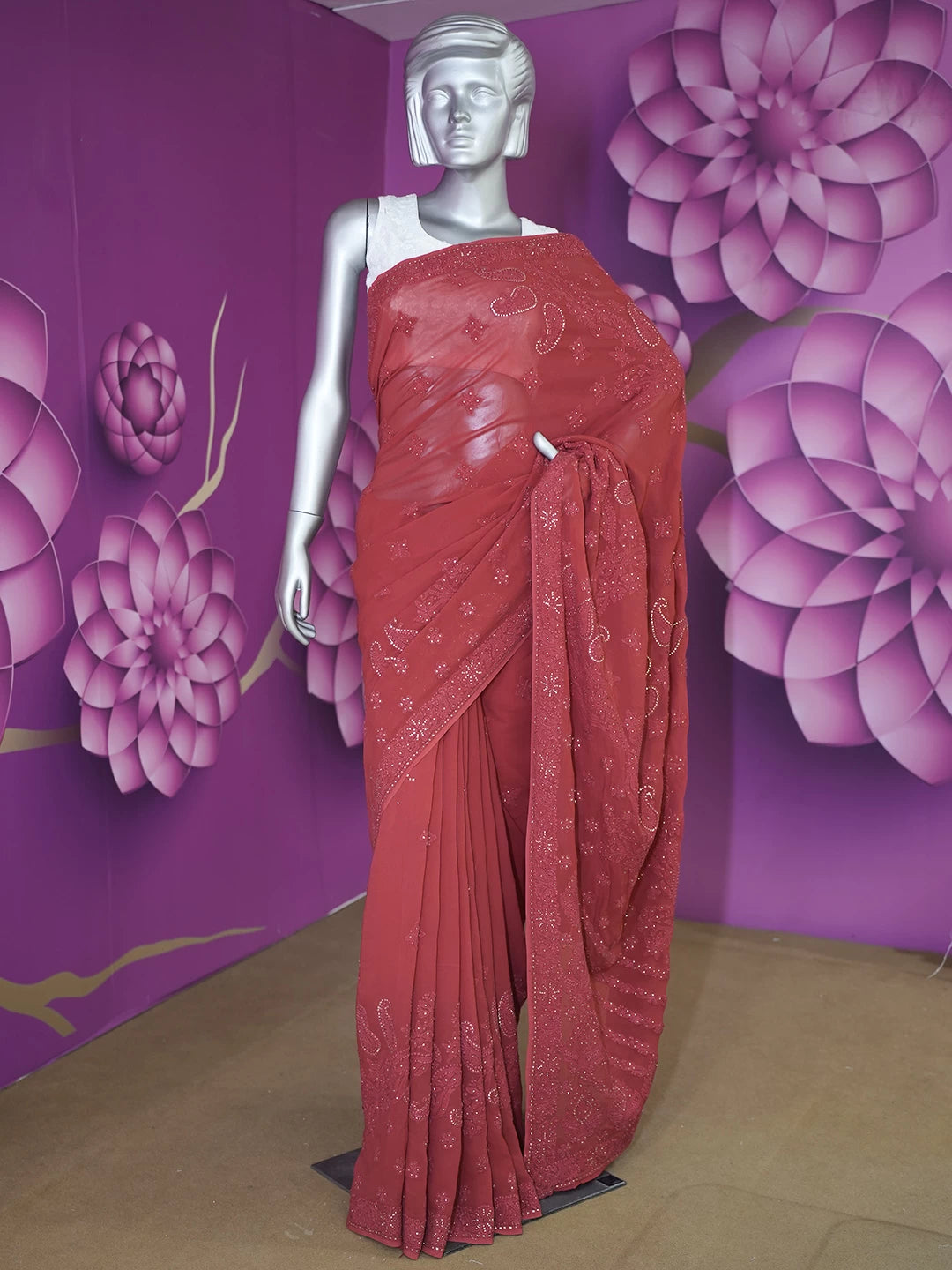 Ada Hand Embroidered Scarlet Red Viscose Georgette Lucknowi Chikankari Saree/Blouse With Muqaish Work  01A342149
