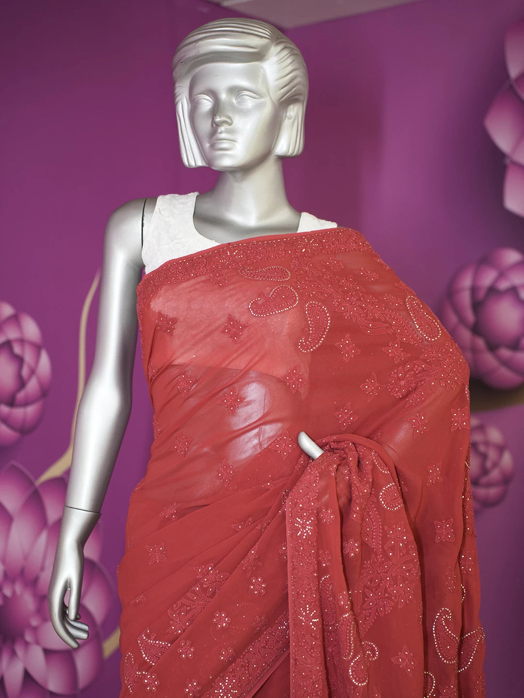 Ada Hand Embroidered Scarlet Red Viscose Georgette Lucknowi Chikankari Saree/Blouse With Muqaish Work  01A342149