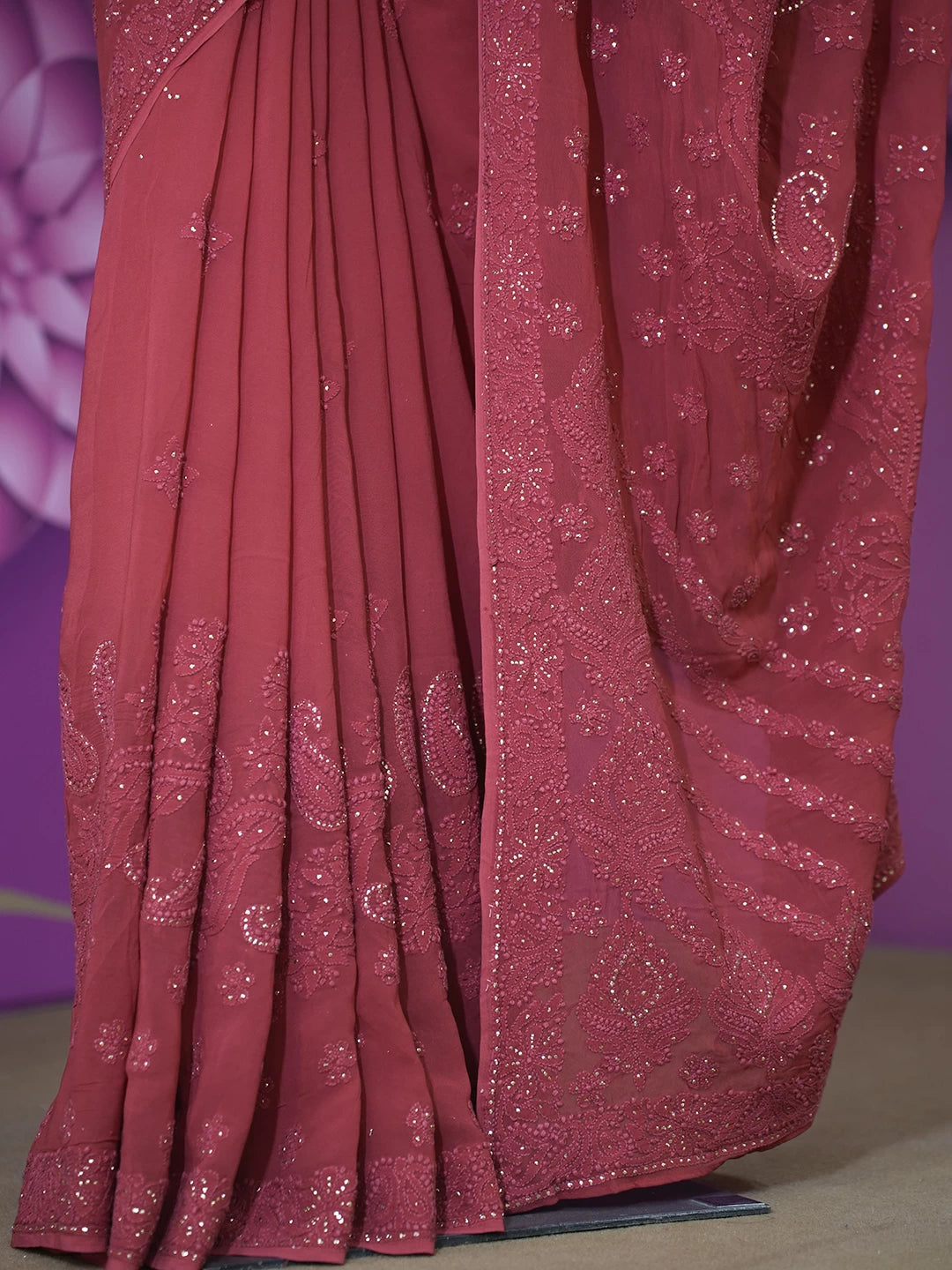 Ada Hand Embroidered Scarlet Red Viscose Georgette Lucknowi Chikankari Saree/Blouse With Muqaish Work  01A342149