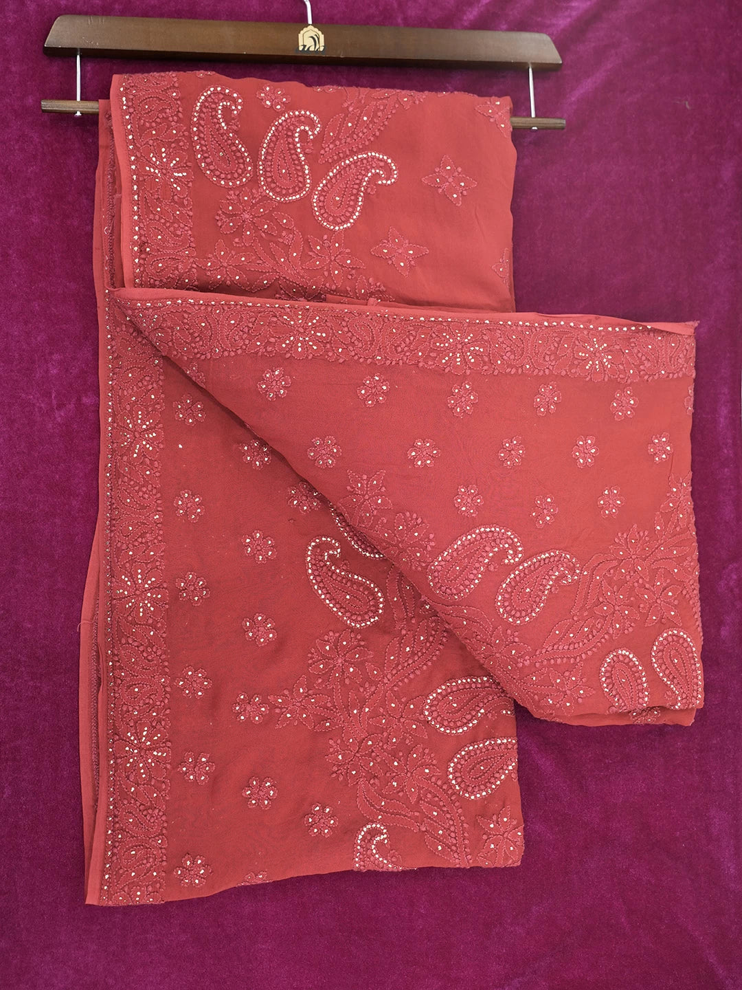 Ada Hand Embroidered Scarlet Red Viscose Georgette Lucknowi Chikankari Saree/Blouse With Muqaish Work  01A342149