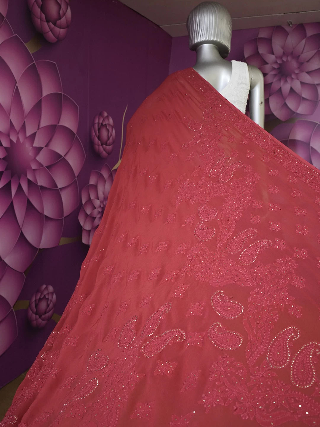 Ada Hand Embroidered Scarlet Red Viscose Georgette Lucknowi Chikankari Saree/Blouse With Muqaish Work  01A342149