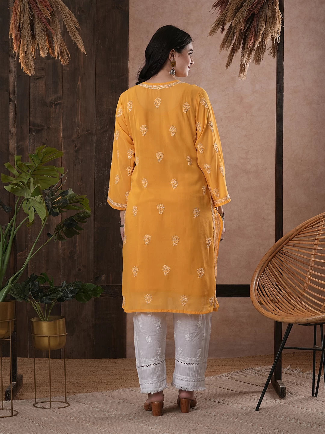 Ada Hand Embroidered Mustard Georgette Lucknowi Chikankari Straight Kurta A95597