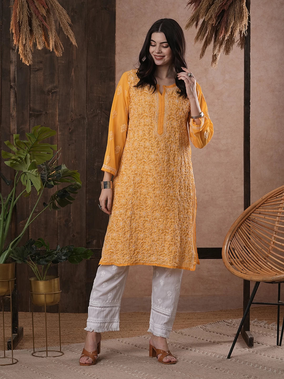 Ada Hand Embroidered Mustard Georgette Lucknowi Chikankari Straight Kurta A95597
