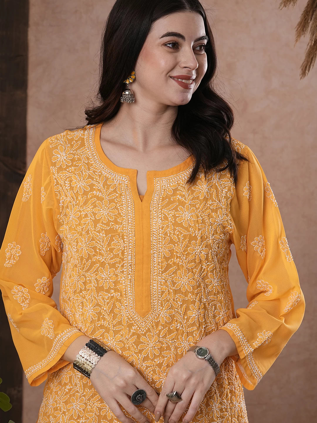 Ada Hand Embroidered Mustard Georgette Lucknowi Chikankari Straight Kurta A95597