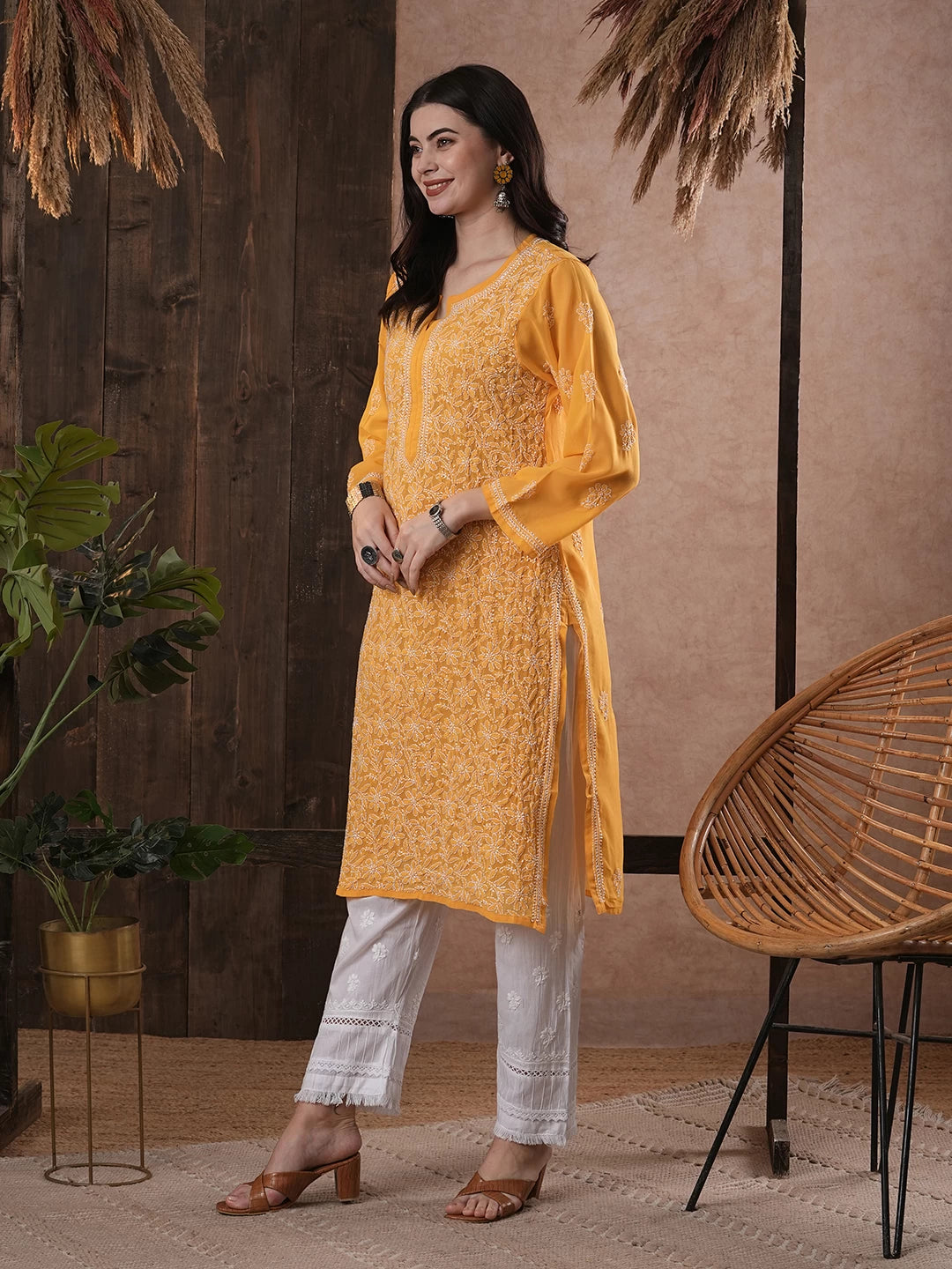 Ada Hand Embroidered Mustard Georgette Lucknowi Chikankari Straight Kurta A95597