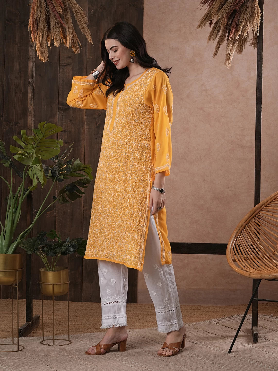Ada Hand Embroidered Mustard Georgette Lucknowi Chikankari Straight Kurta A95597