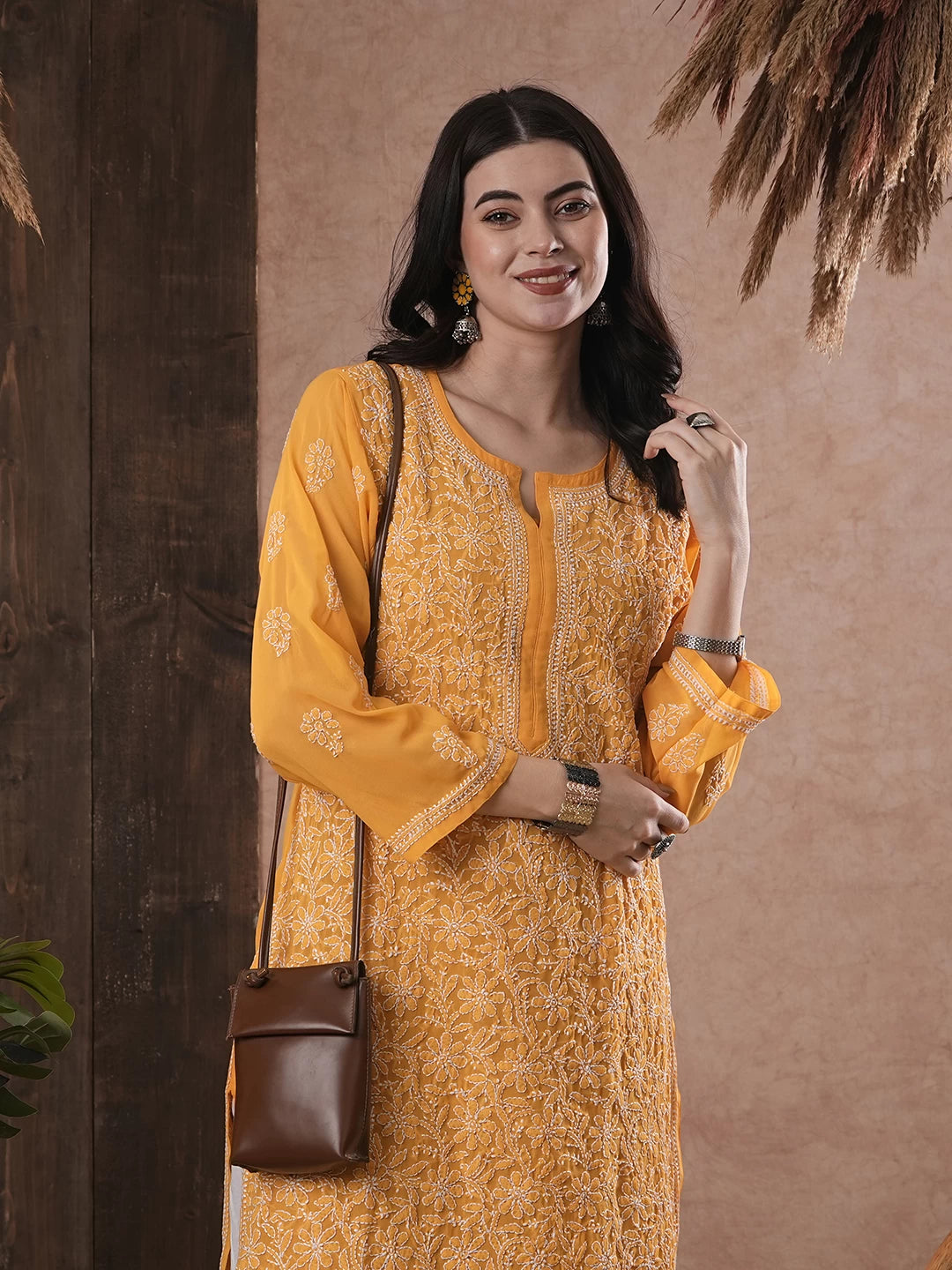 Ada Hand Embroidered Mustard Georgette Lucknowi Chikankari Straight Kurta A95597