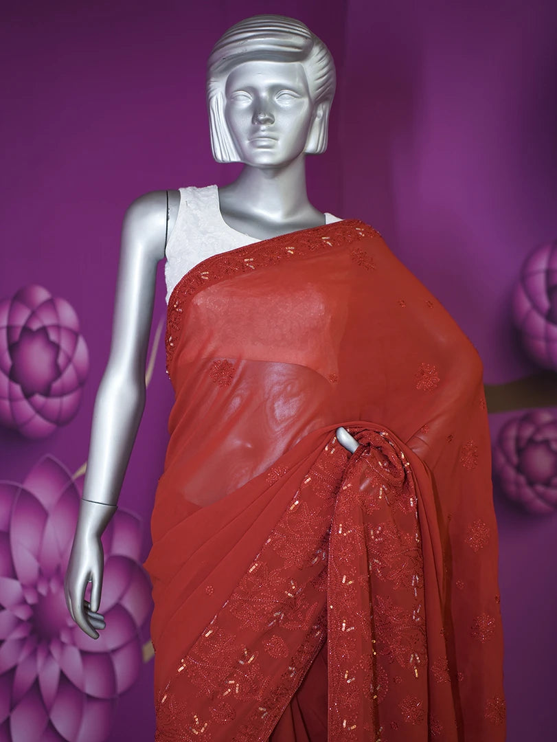 Ada Hand Embroidered Scarlet Red Viscose Georgette Lucknowi Chikankari Saree/Blouse With Sequinned Work 01A467083