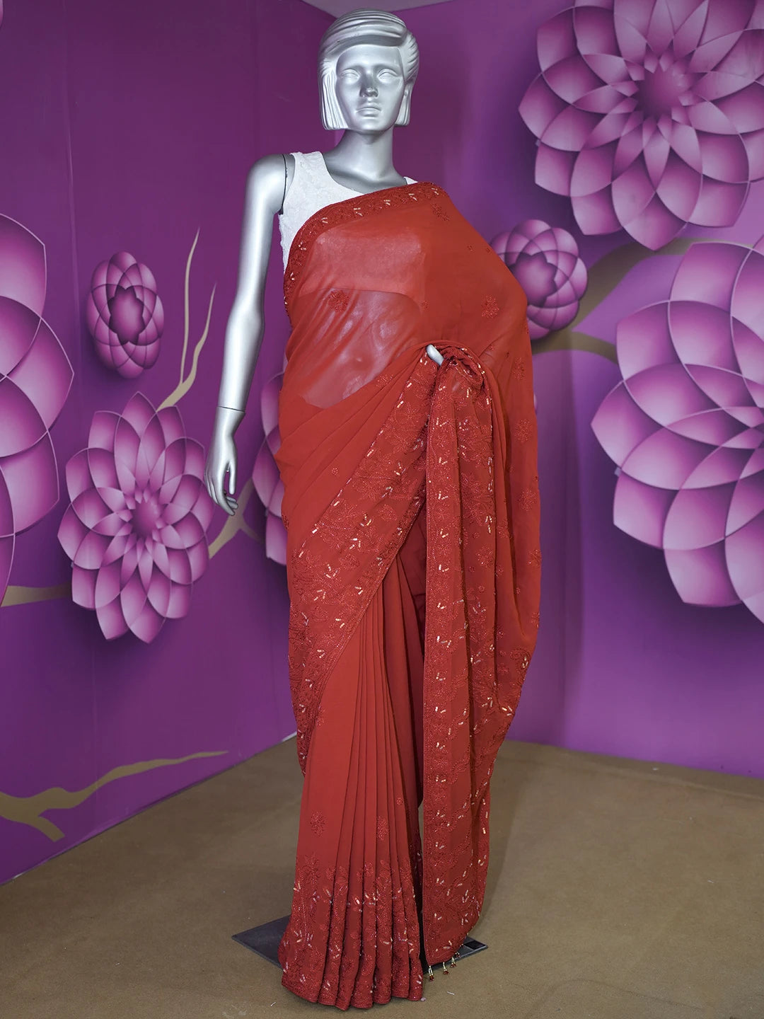 Ada Hand Embroidered Scarlet Red Viscose Georgette Lucknowi Chikankari Saree/Blouse With Sequinned Work 01A467083