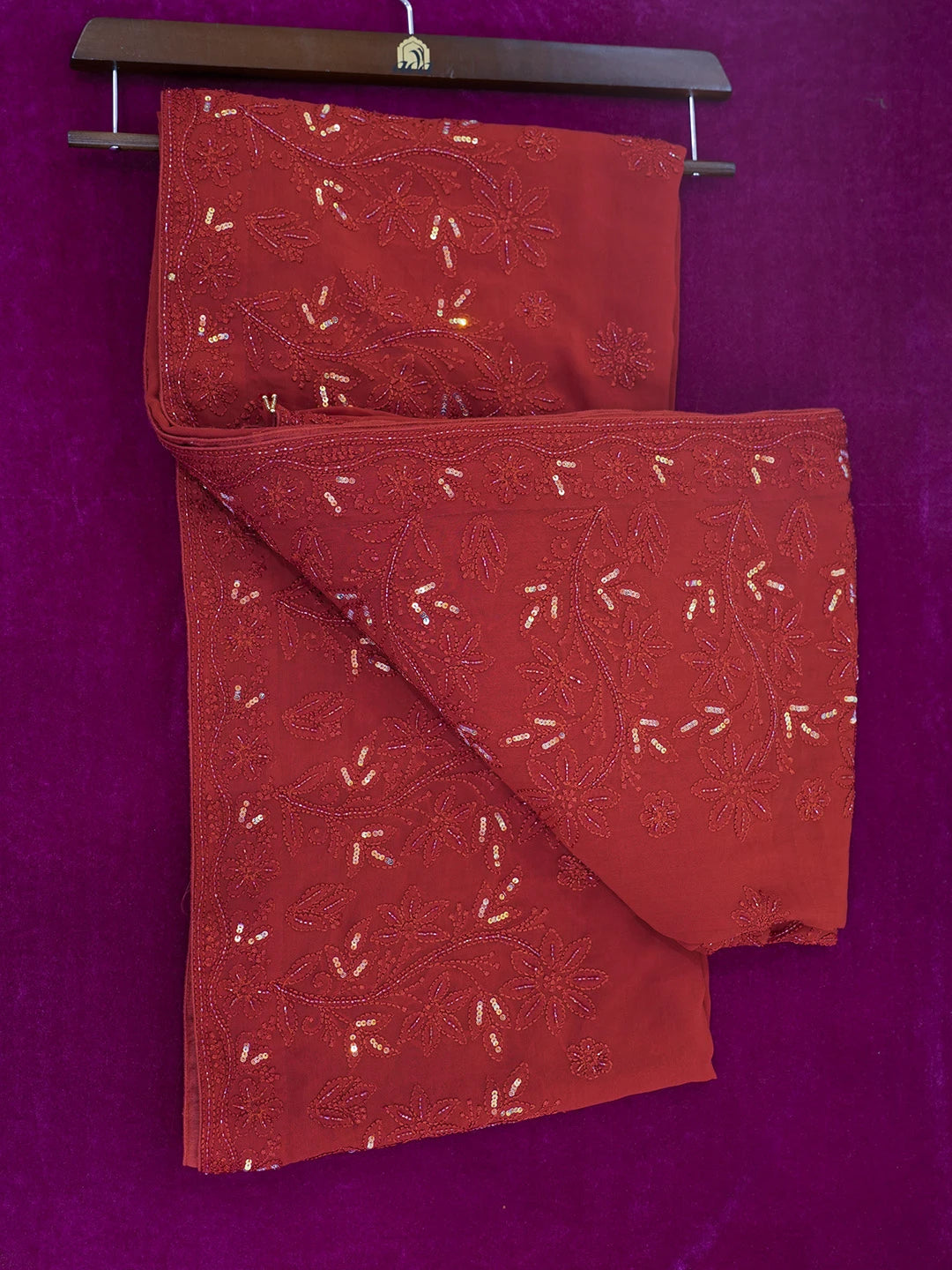 Ada Hand Embroidered Scarlet Red Viscose Georgette Lucknowi Chikankari Saree/Blouse With Sequinned Work 01A467083