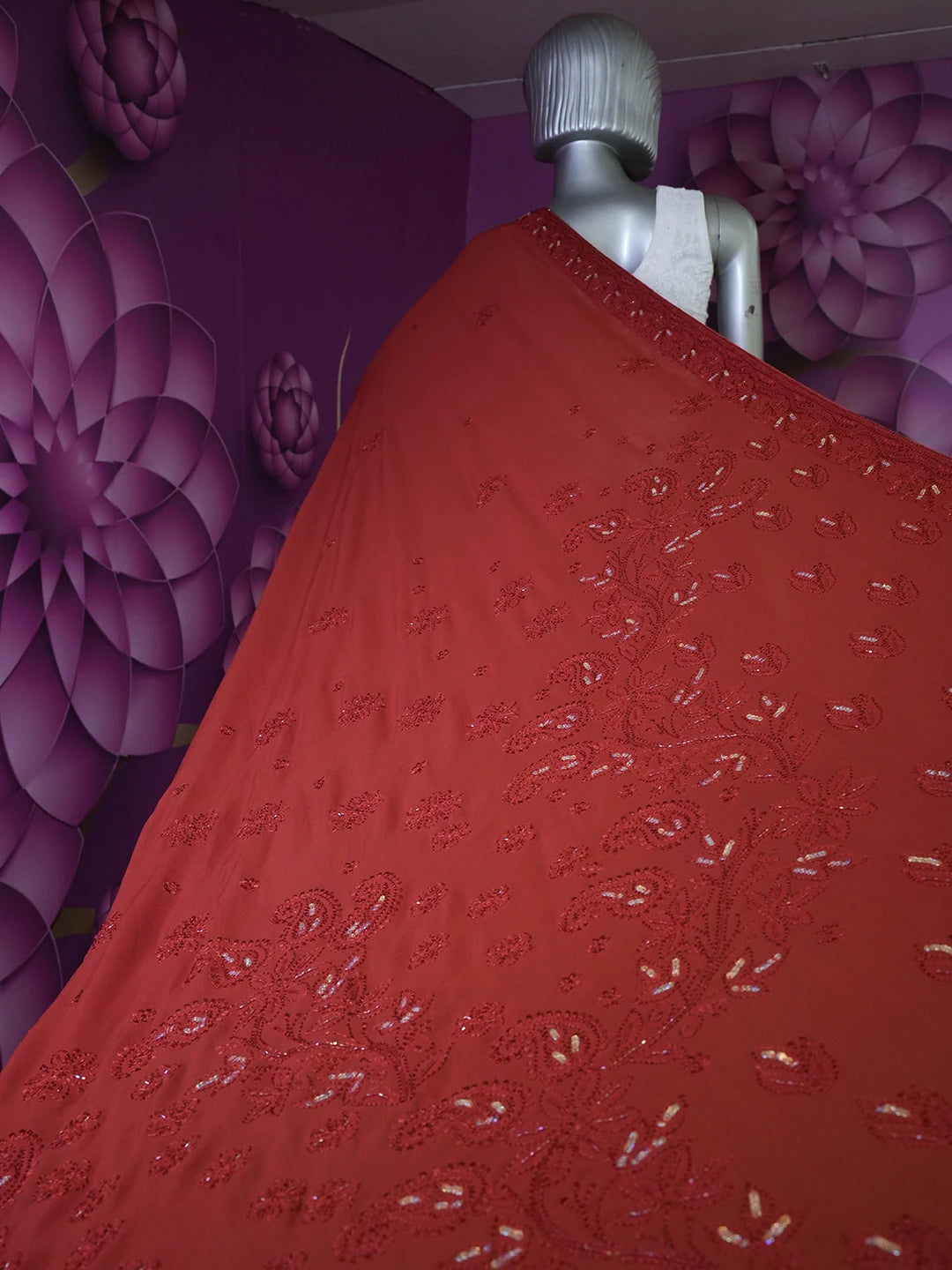 Ada Hand Embroidered Scarlet Red Viscose Georgette Lucknowi Chikankari Saree/Blouse With Sequinned Work 01A467083