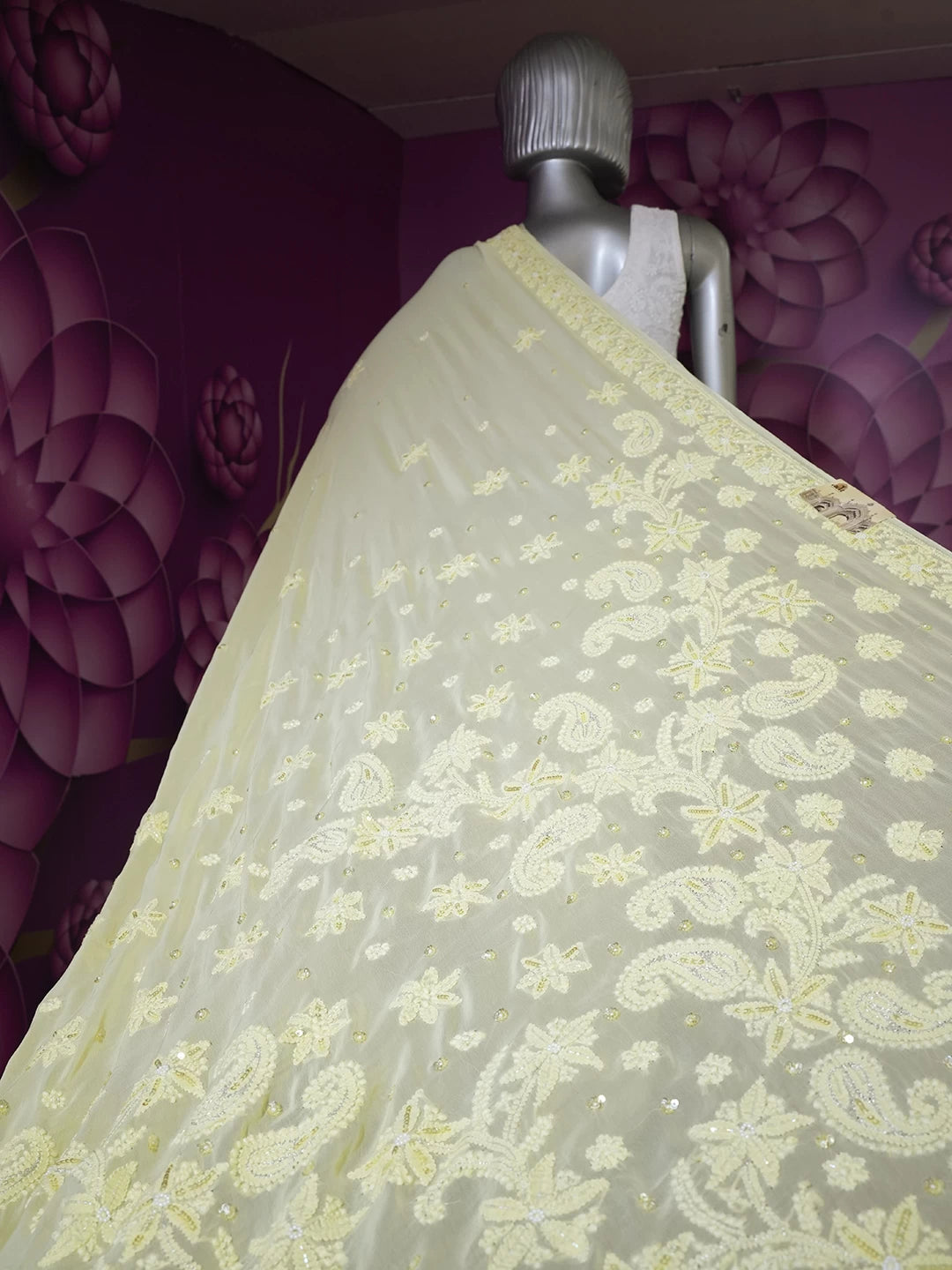 Ada Hand Embroidered Lemon Viscose Georgette Lucknowi Chikankari Saree/Blouse With Sequinned Work 01A454382