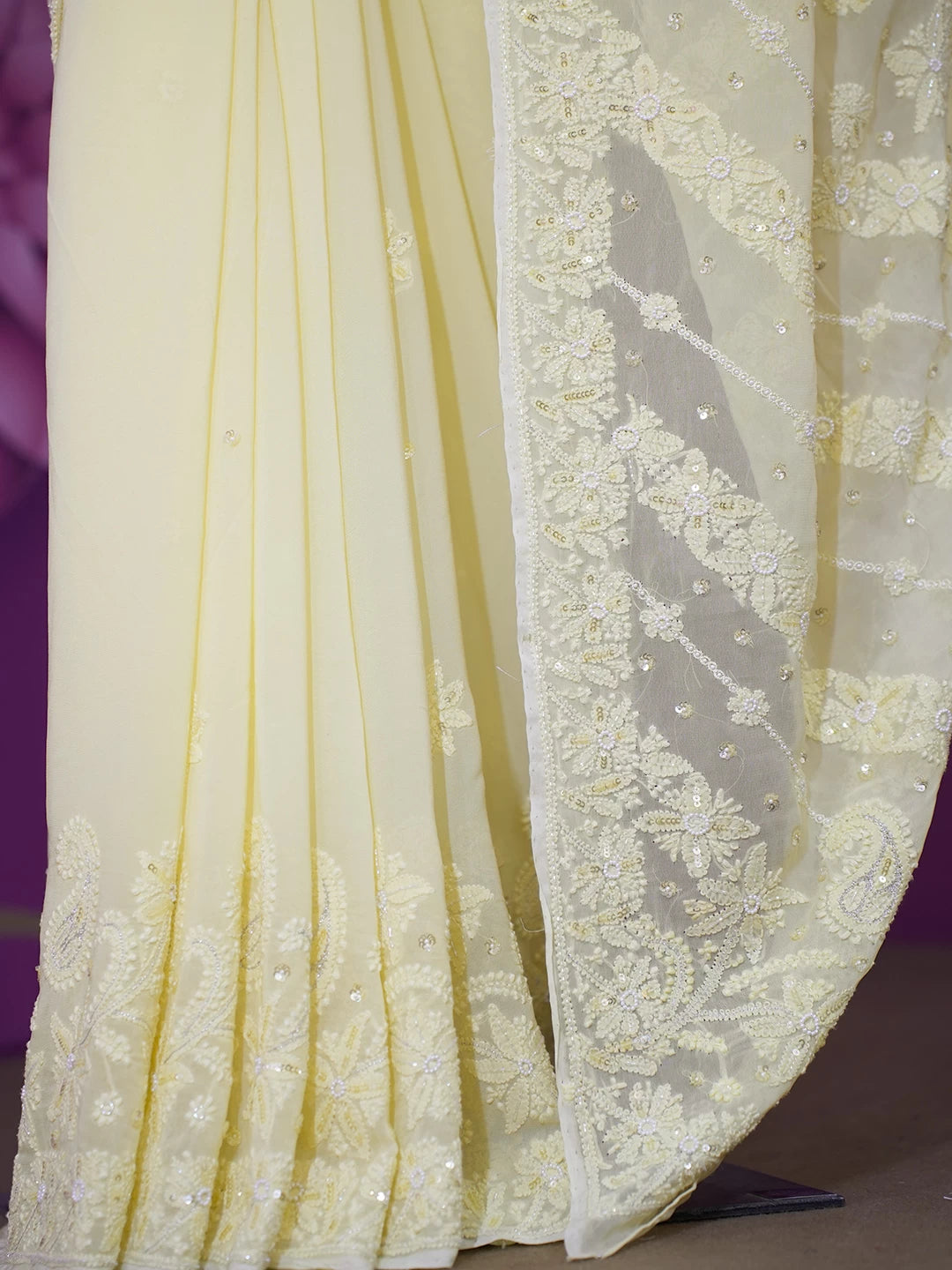 Ada Hand Embroidered Lemon Viscose Georgette Lucknowi Chikankari Saree/Blouse With Sequinned Work 01A454382