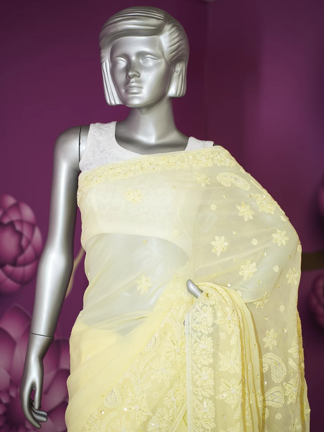 Ada Hand Embroidered Lemon Viscose Georgette Lucknowi Chikankari Saree/Blouse With Sequinned Work 01A454382