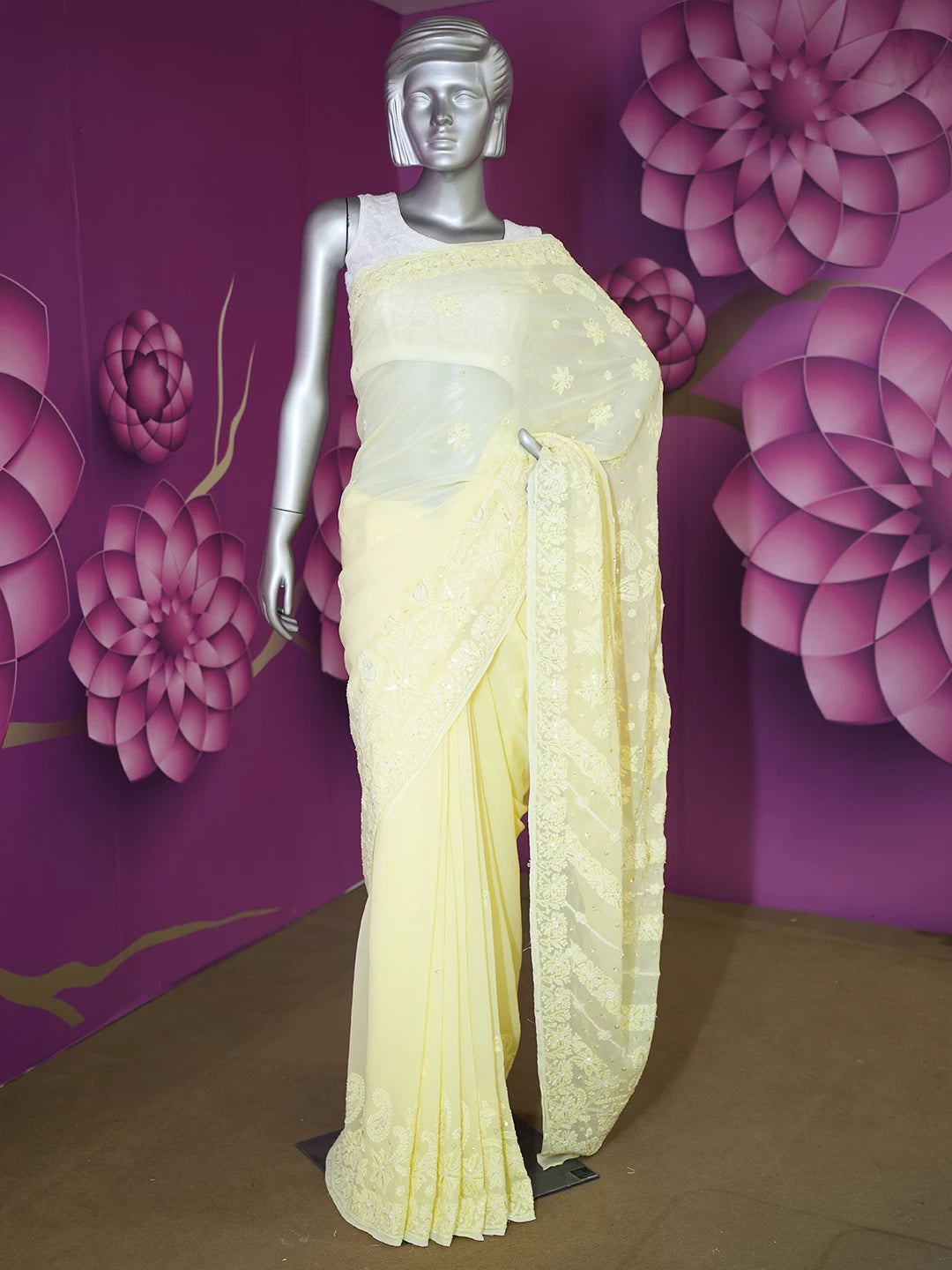 Ada Hand Embroidered Lemon Viscose Georgette Lucknowi Chikankari Saree/Blouse With Sequinned Work 01A454382