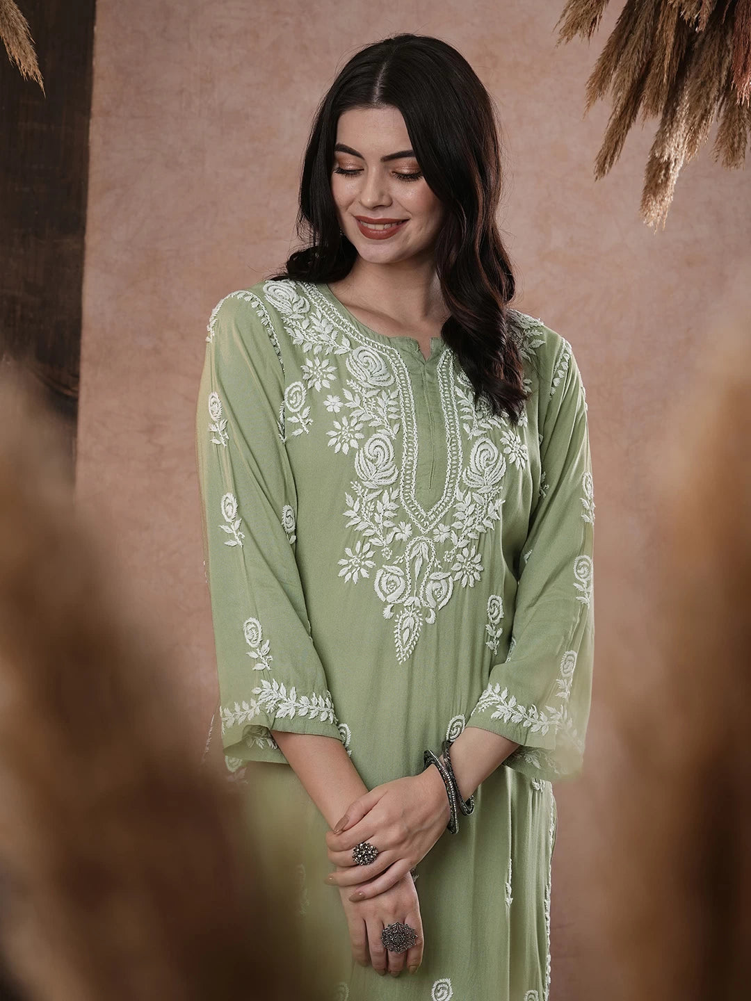 Ada Hand Embroidered Sage Green Rayon Lucknowi Chikankari Straight Kurta A411541