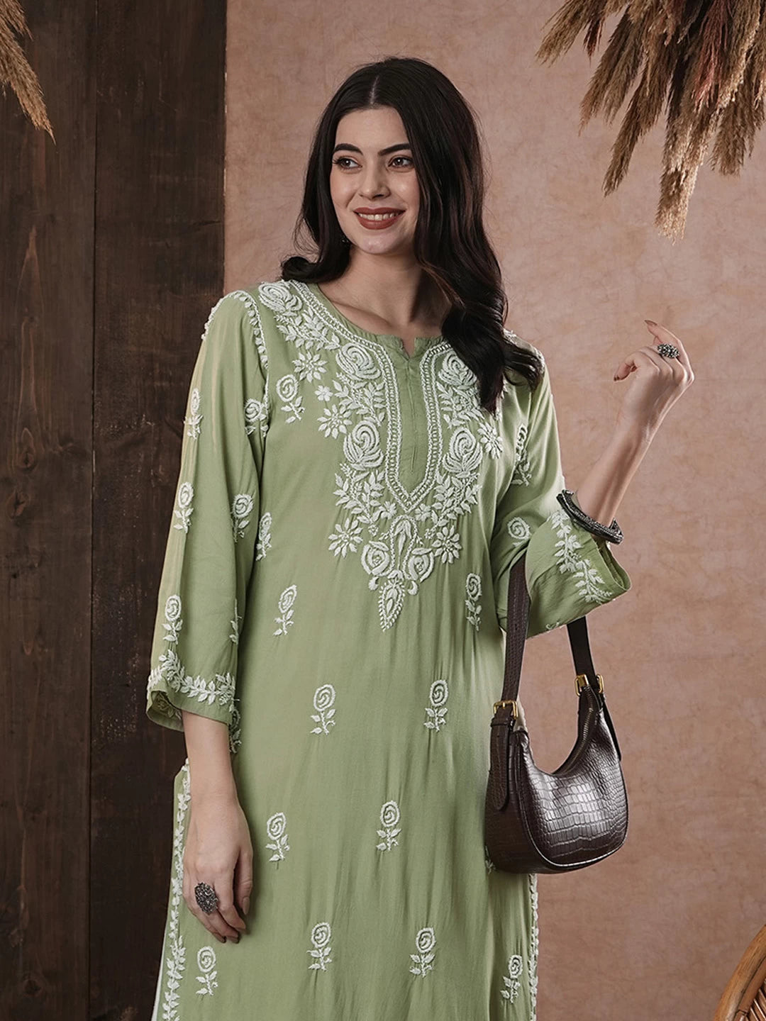 Ada Hand Embroidered Sage Green Rayon Lucknowi Chikankari Straight Kurta A411541