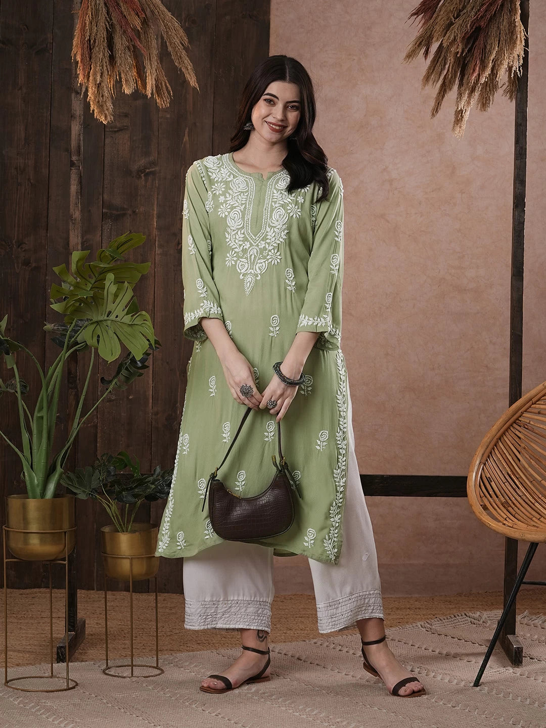 Ada Hand Embroidered Sage Green Rayon Lucknowi Chikankari Straight Kurta A411541