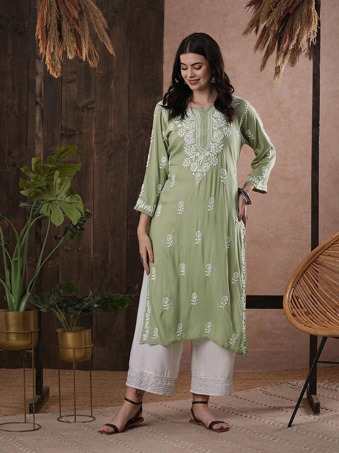Ada Hand Embroidered Sage Green Rayon Lucknowi Chikankari Straight Kurta A411541
