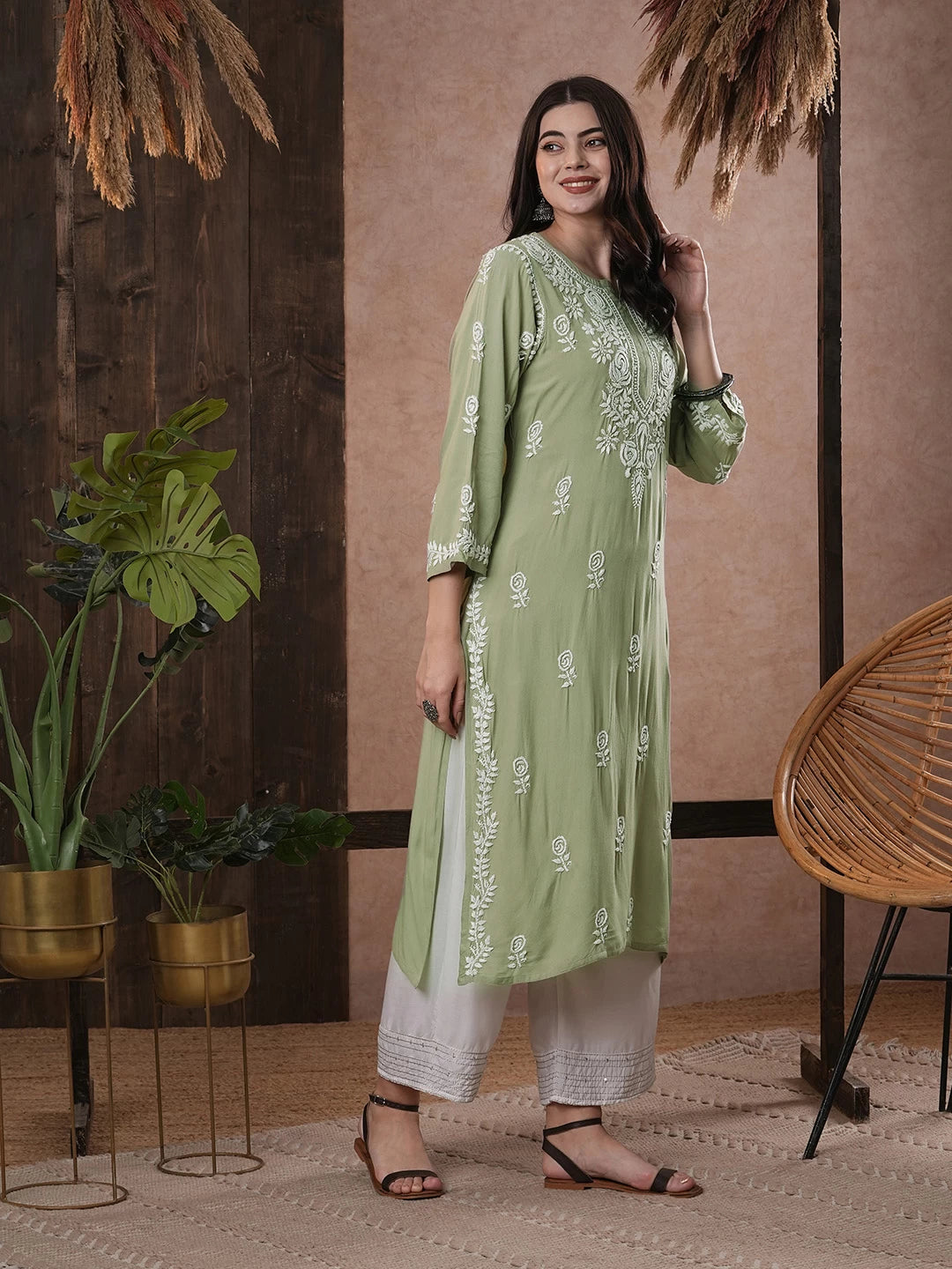Ada Hand Embroidered Sage Green Rayon Lucknowi Chikankari Straight Kurta A411541