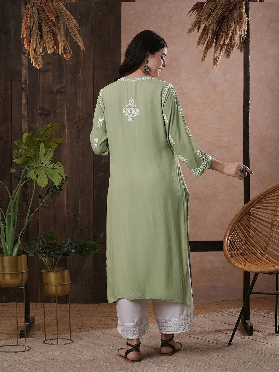 Ada Hand Embroidered Sage Green Rayon Lucknowi Chikankari Straight Kurta A411541