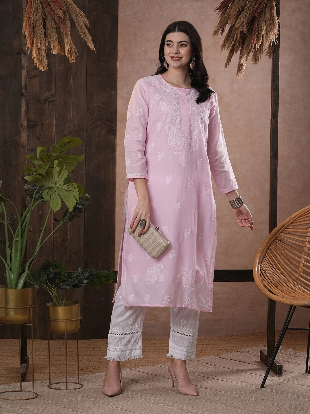 Ada Hand Embroidered Pink Cotton Lucknowi Chikankari Straight Kurta A100290