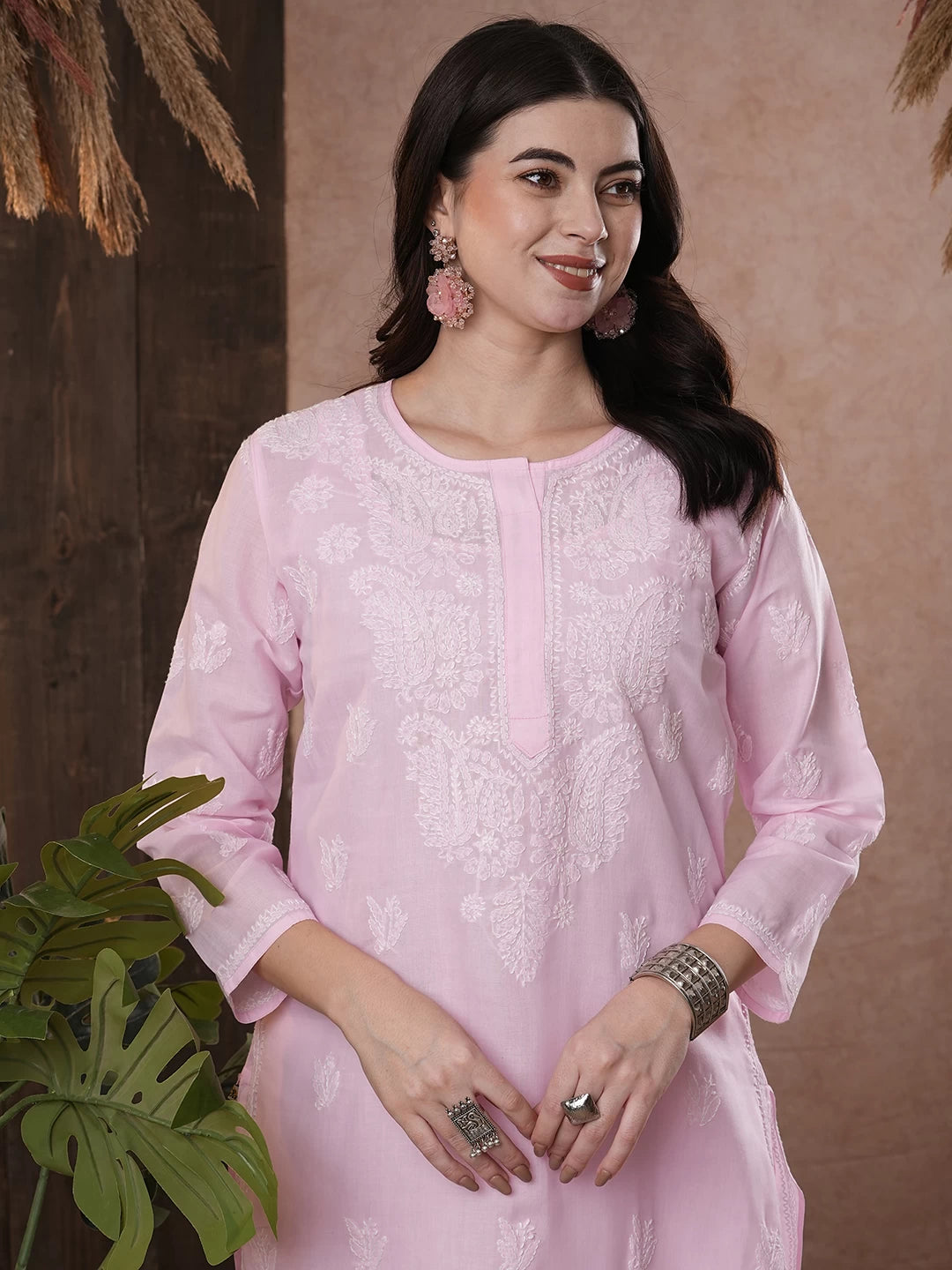Ada Hand Embroidered Pink Cotton Lucknowi Chikankari Straight Kurta A100290