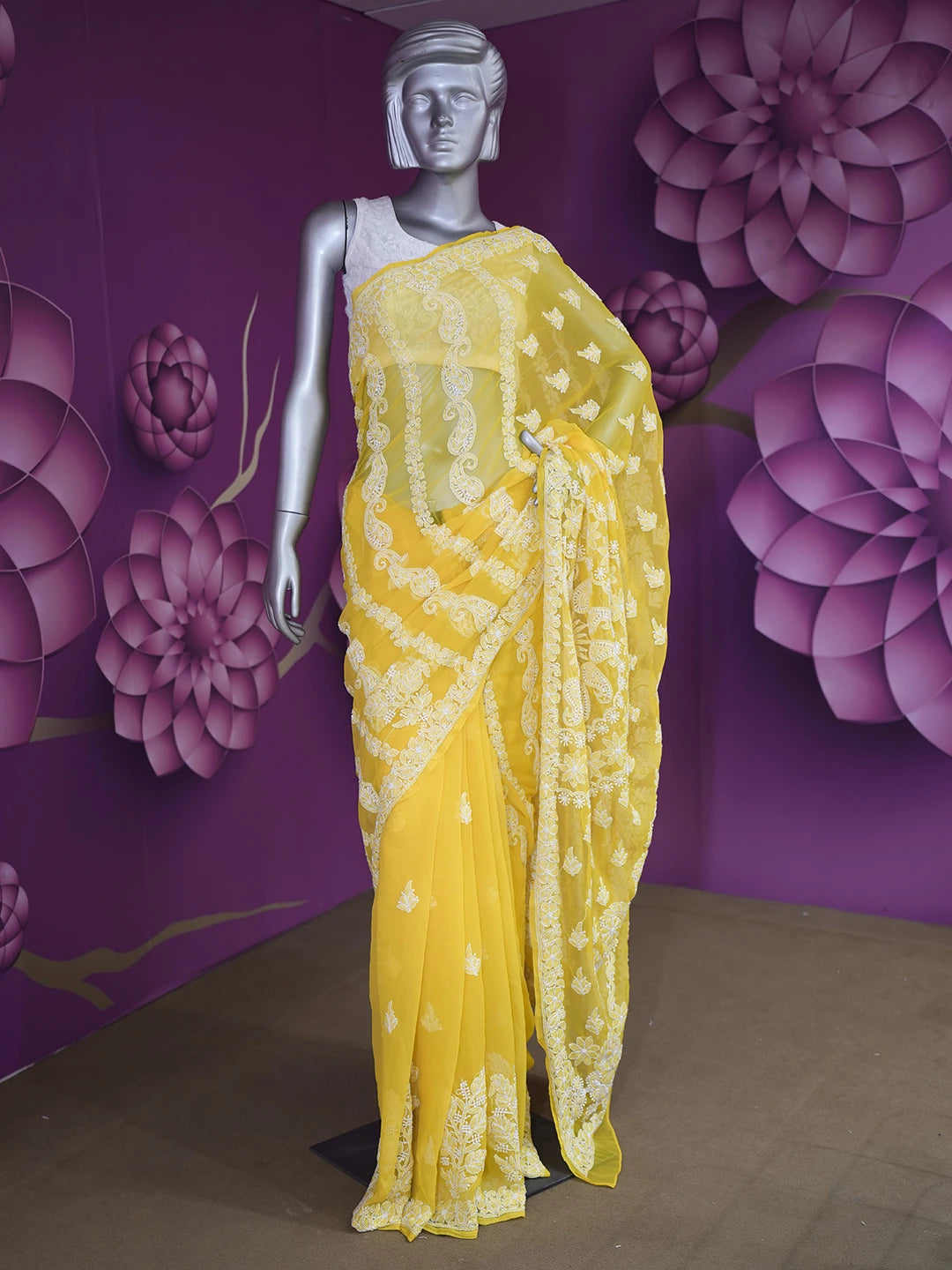 Ada Hand Embroidered Yellow Georgette Lucknowi Chikankari Saree with Blouse 01A417165