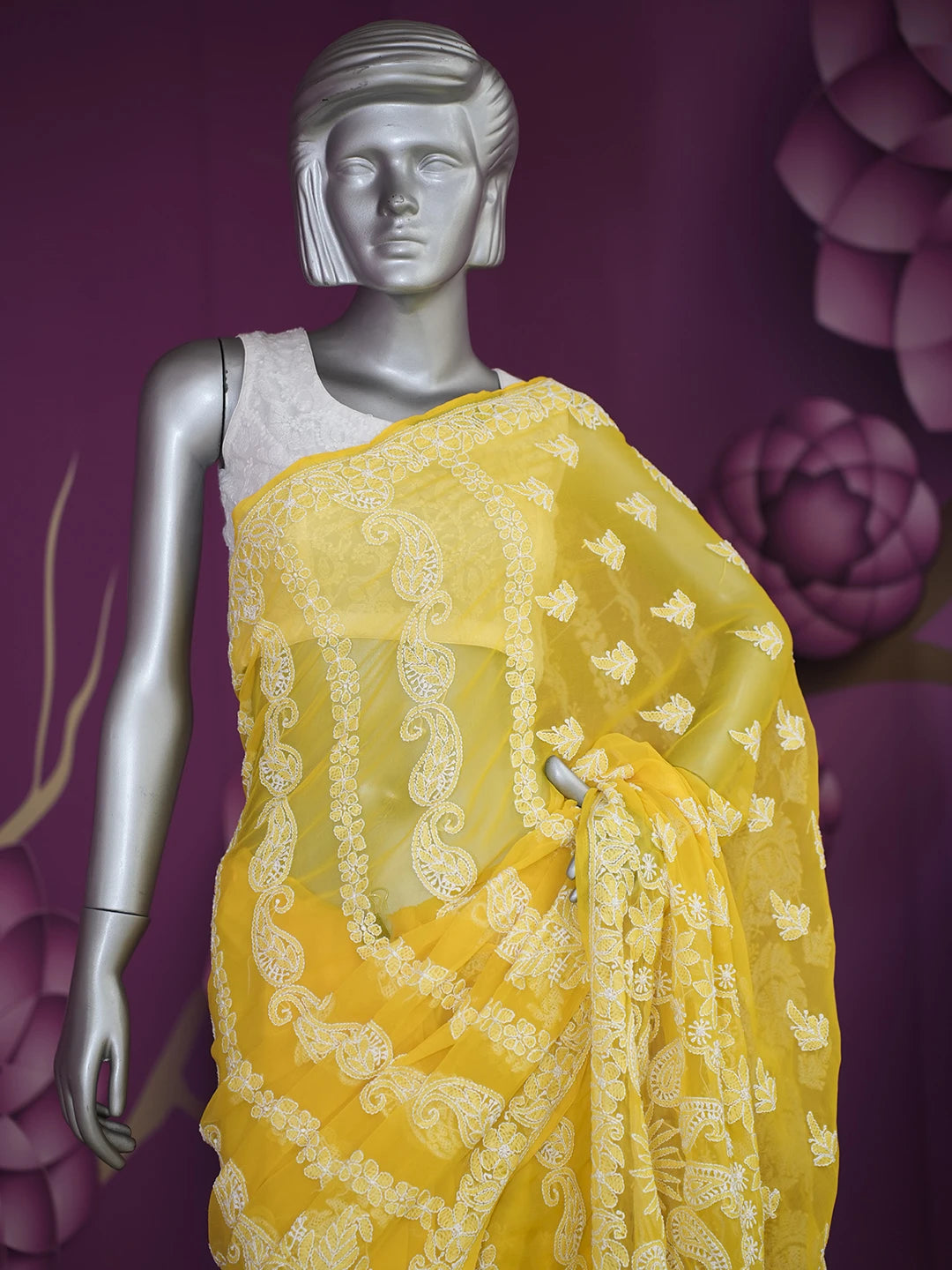 Ada Hand Embroidered Yellow Georgette Lucknowi Chikankari Saree with Blouse 01A417165