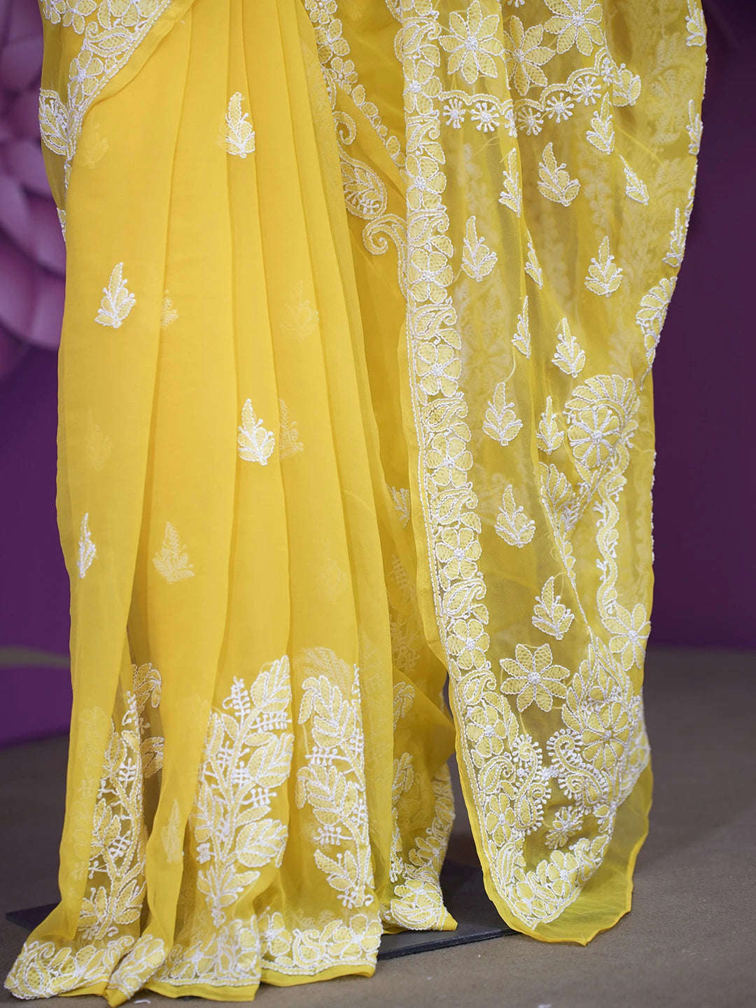 Ada Hand Embroidered Yellow Georgette Lucknowi Chikankari Saree with Blouse 01A417165