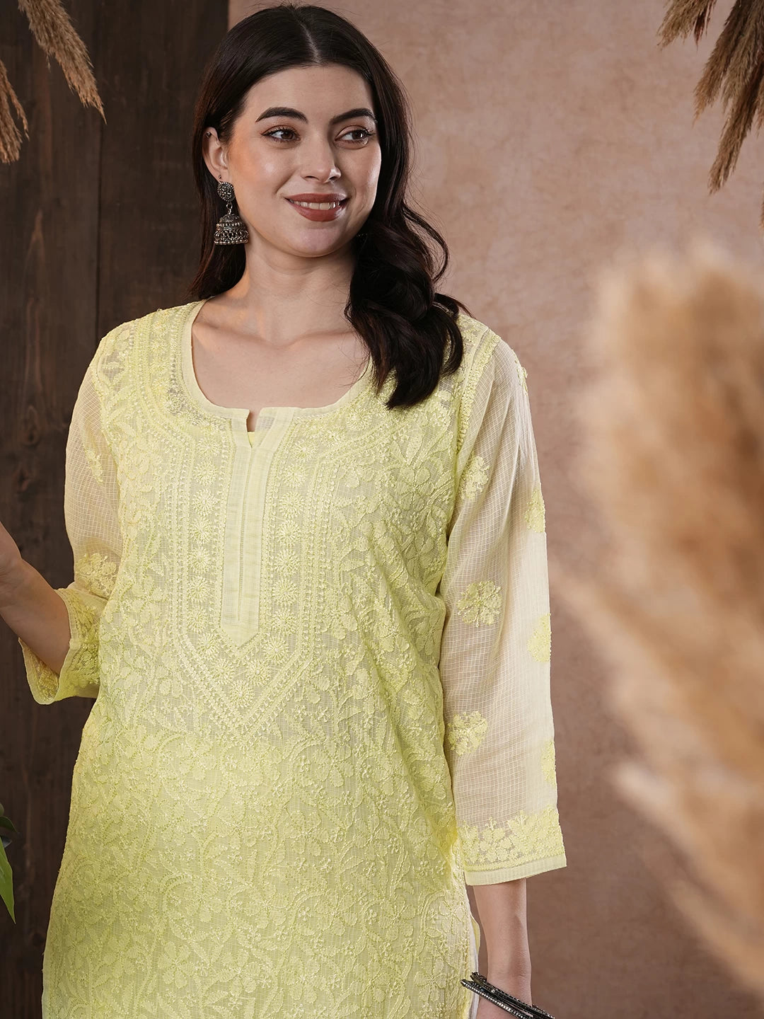 Ada Hand Embroidered Lemon Kota Lucknow Chikankari Straight Kurta With Slip A411211
