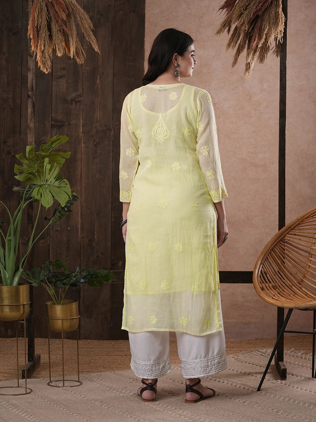 Ada Hand Embroidered Lemon Kota Lucknow Chikankari Straight Kurta With Slip A411211