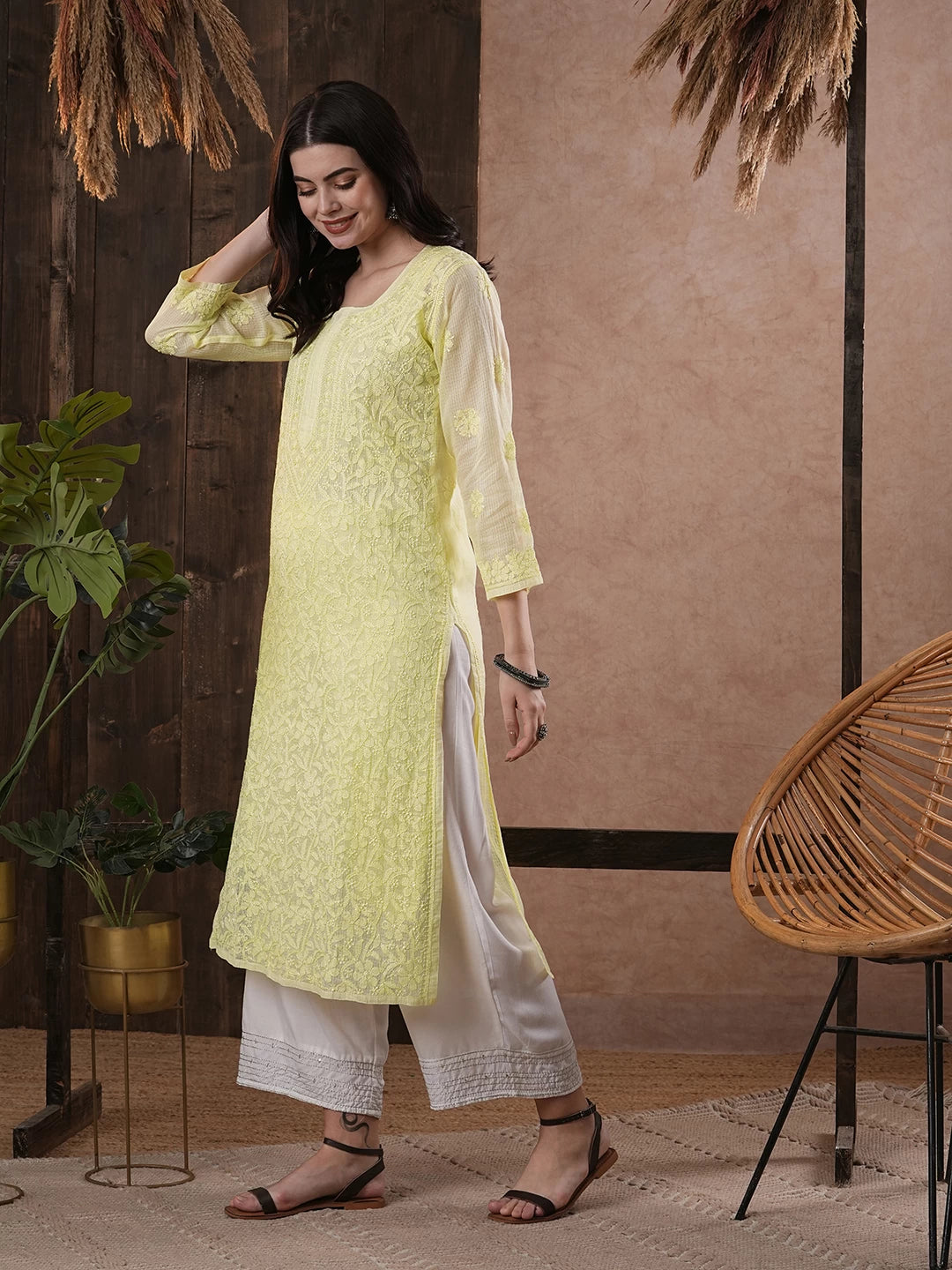Ada Hand Embroidered Lemon Kota Lucknow Chikankari Straight Kurta With Slip A411211