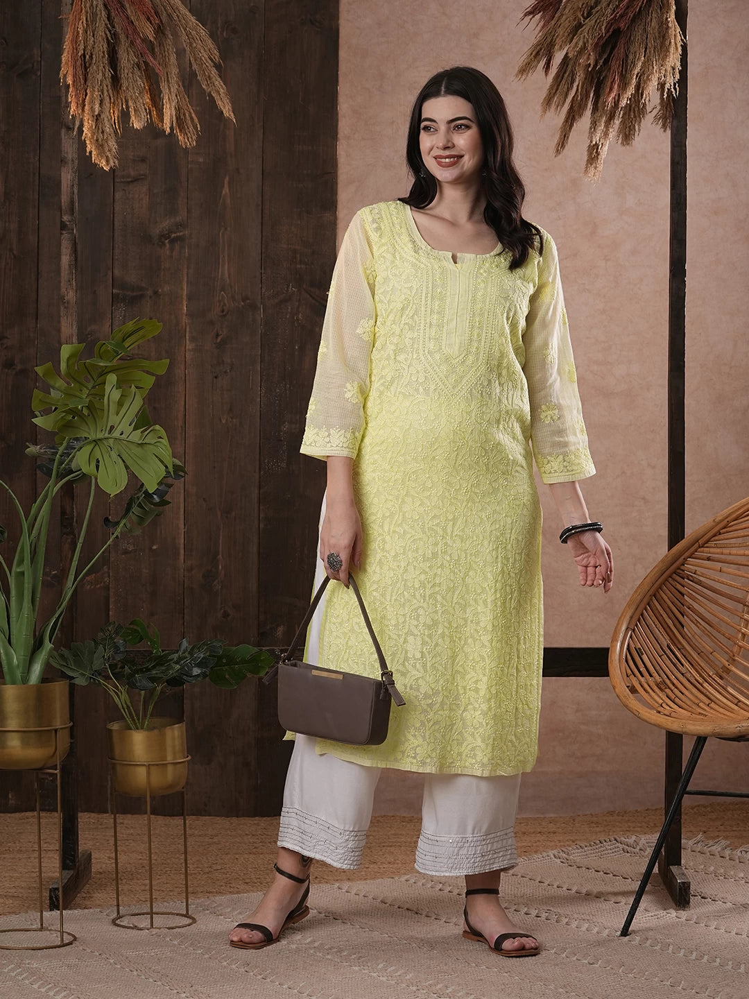 Ada Hand Embroidered Lemon Kota Lucknow Chikankari Straight Kurta With Slip A411211