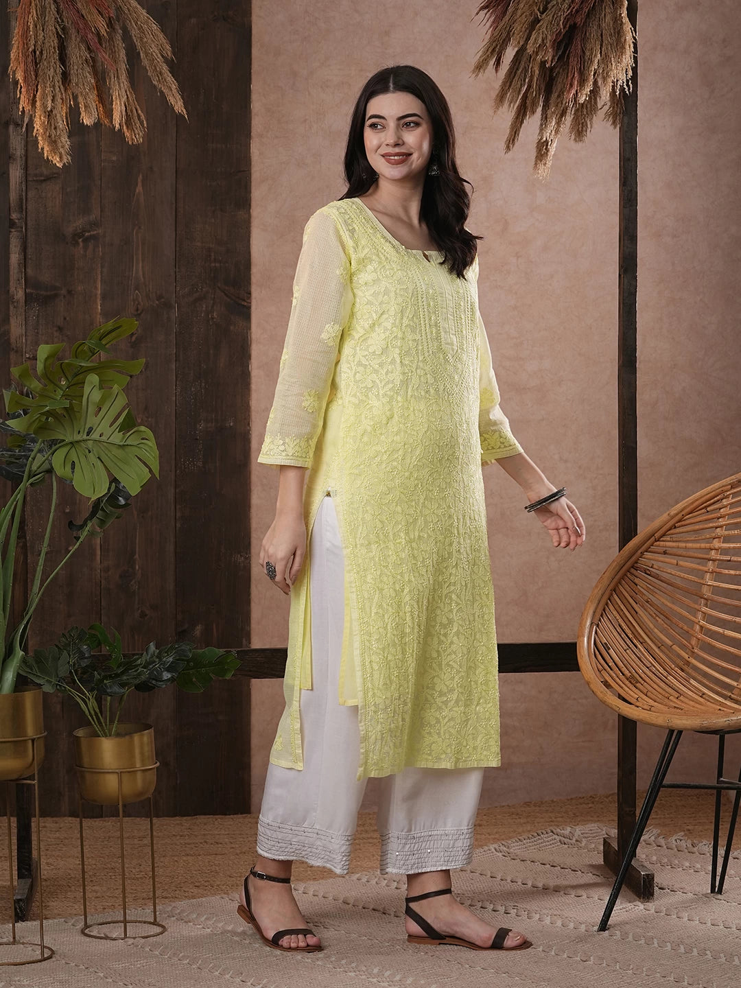 Ada Hand Embroidered Lemon Kota Lucknow Chikankari Straight Kurta With Slip A411211