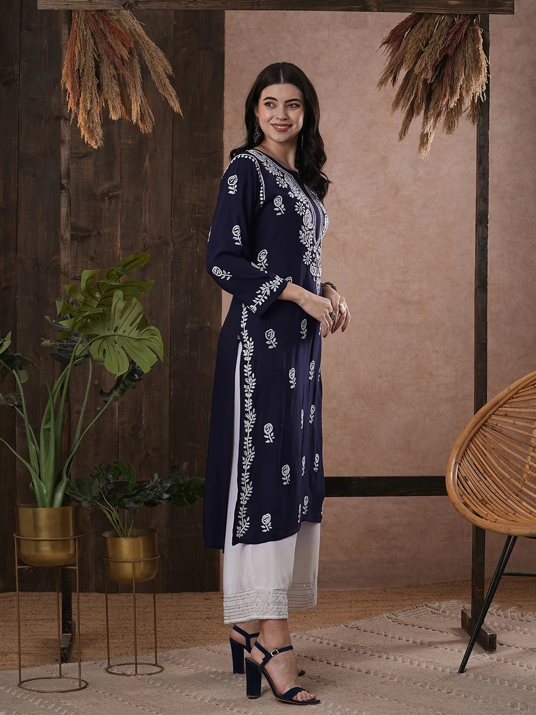 Ada Hand Embroidered Navy Blue Rayon Lucknowi Chikankari Straight Kurta A411538