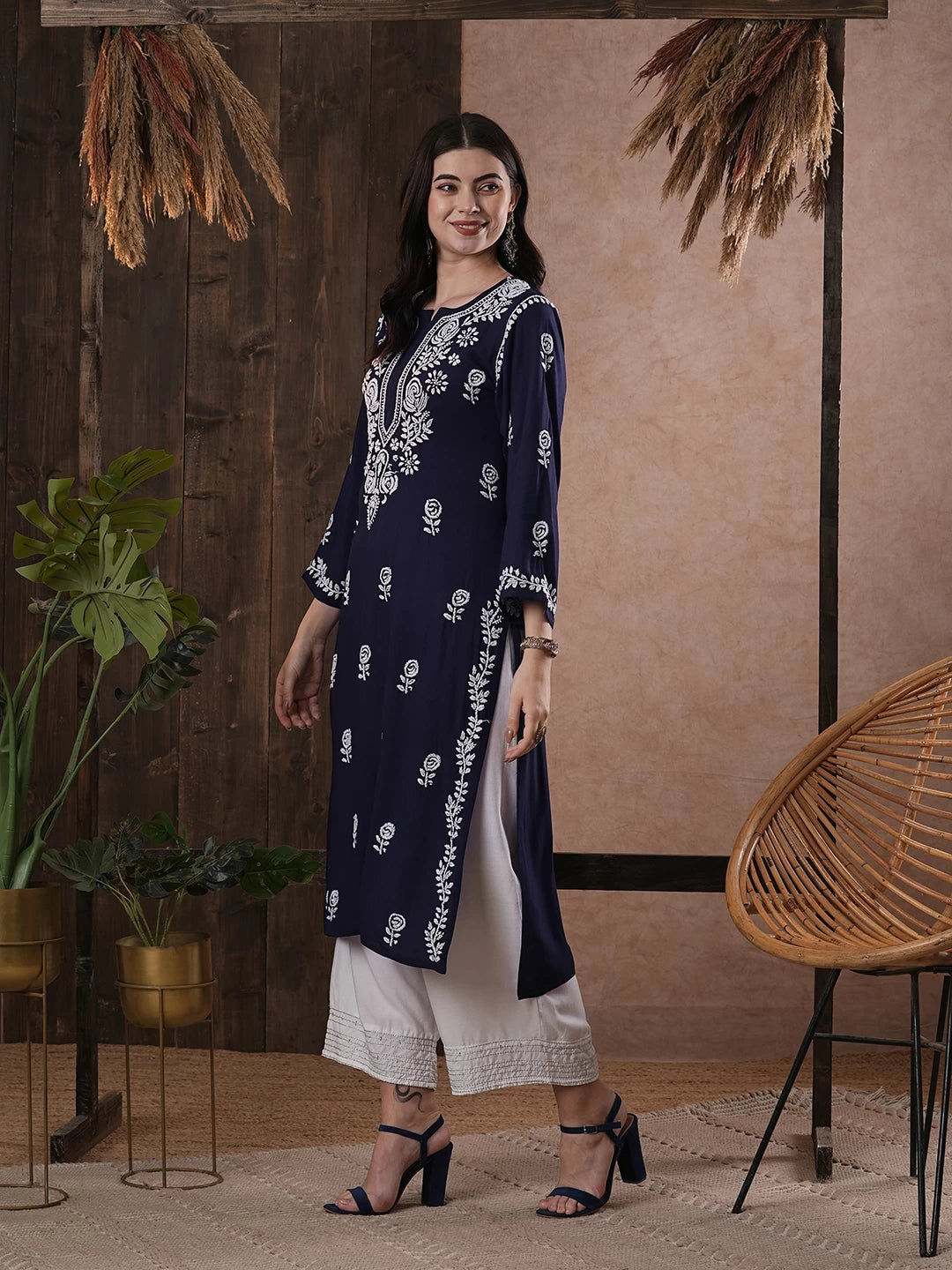 Ada Hand Embroidered Navy Blue Rayon Lucknowi Chikankari Straight Kurta A411538
